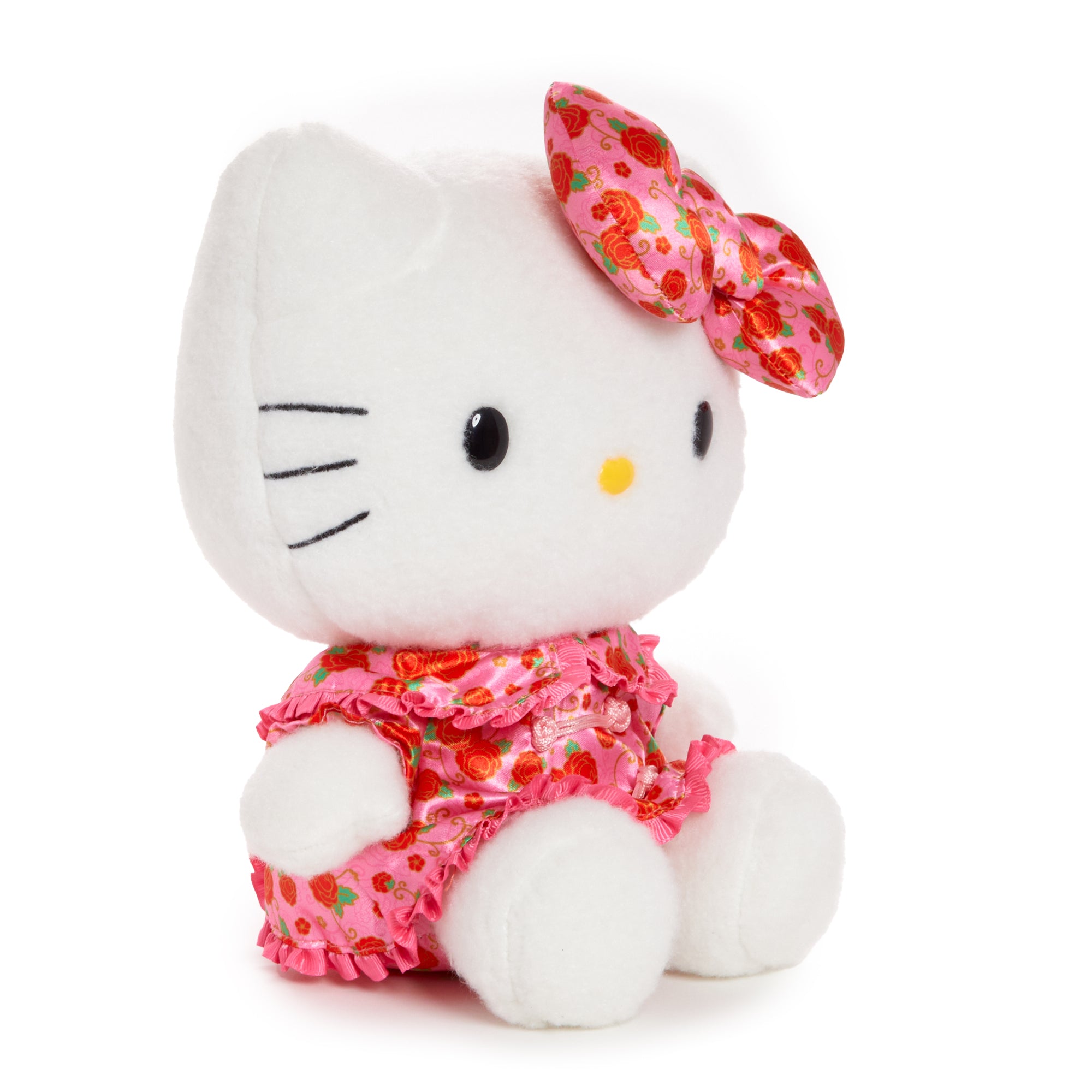 Close-up of Hello Kitty plush with floral satin dress, celebrating Lunar New Year