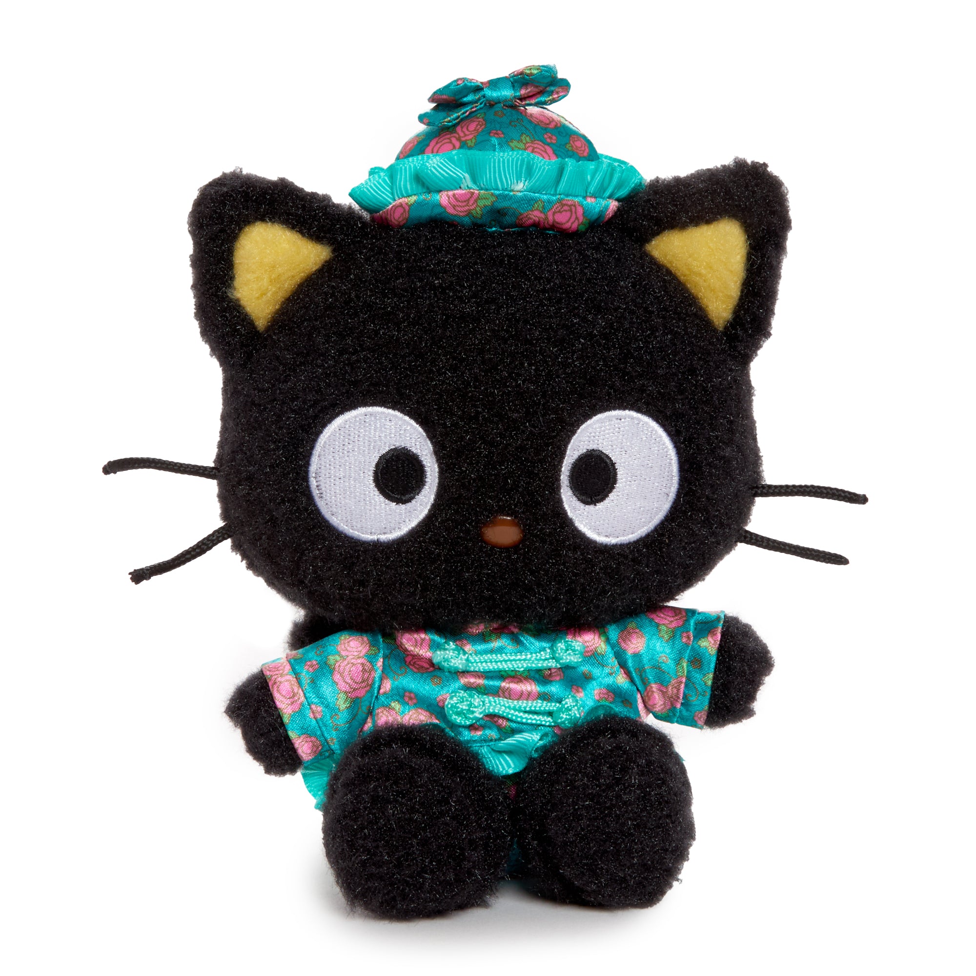 Chococat plush bean doll in a vibrant floral Lunar New Year outfit, front view