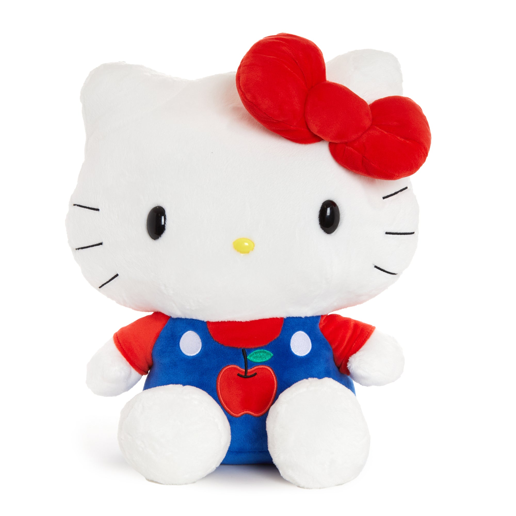 Hello Kitty plush overalls from the front, showcasing apple prints.