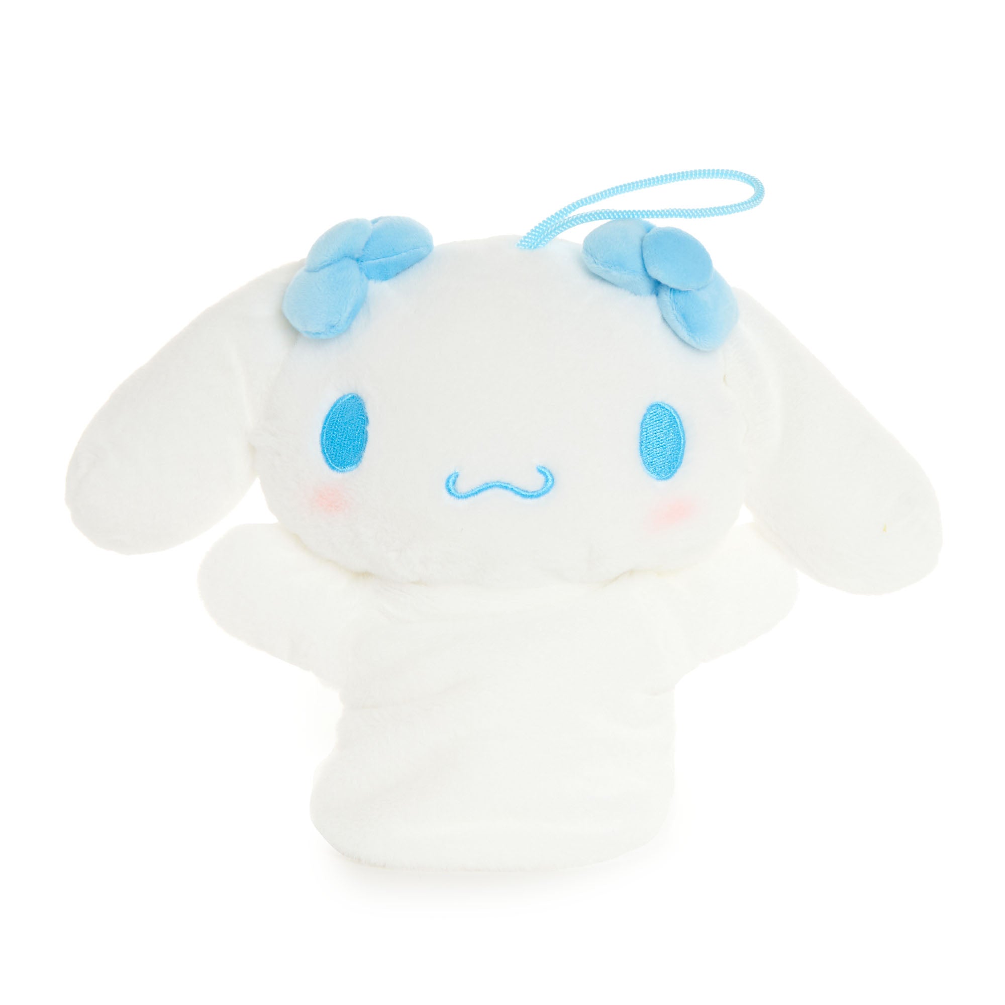 Close-up of the hand-painted cheeks on the Cinnamoroll plush puppet