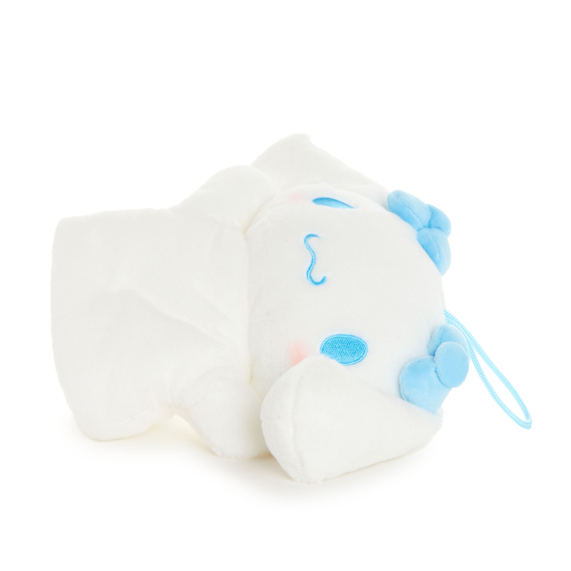 Close-up of the hand-painted cheeks on the Cinnamoroll plush puppet