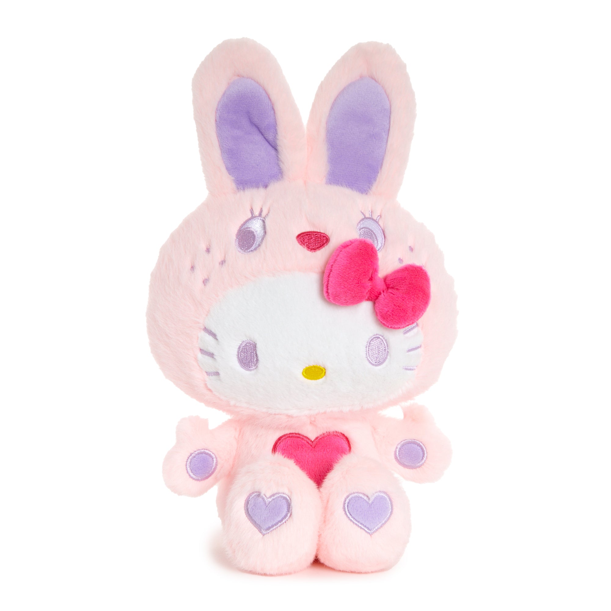 Front view of Hello Kitty plush in pink bunny outfit – ideal Hello Kitty Easter gift