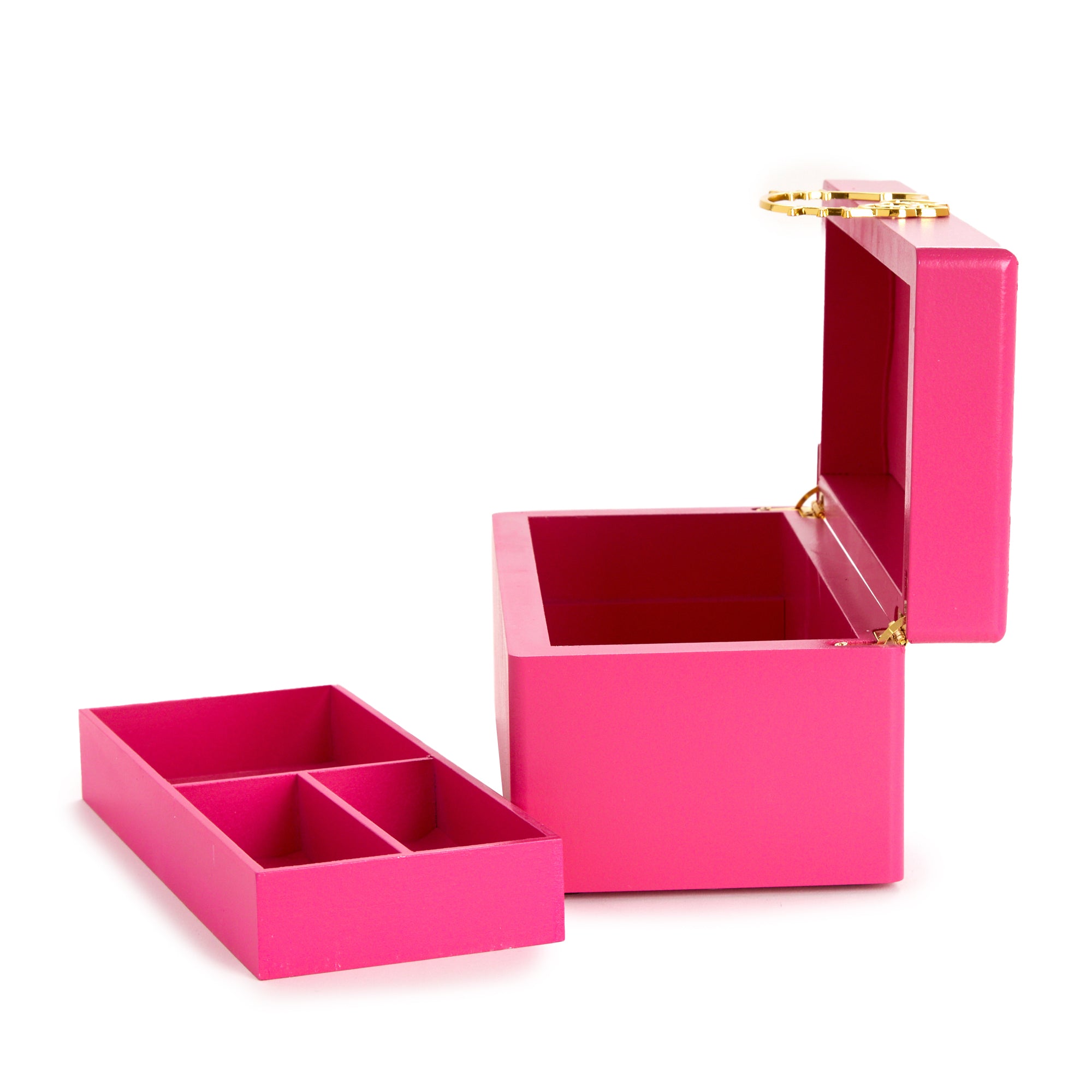 Open jewelry organizer displaying removable tray and ultra-suede lining