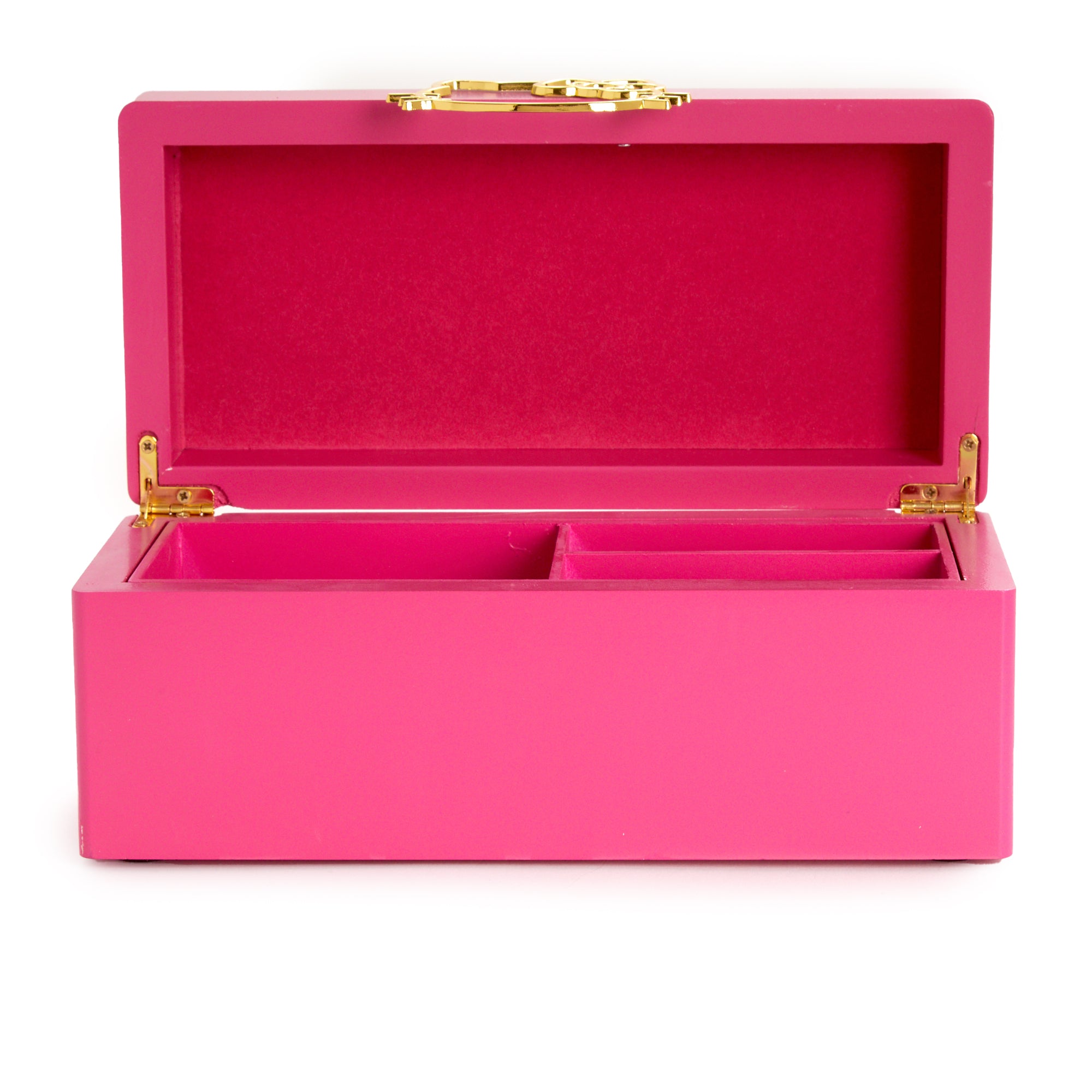 Side angle of pink lacquered wooden jewelry box with gold Hello Kitty handle