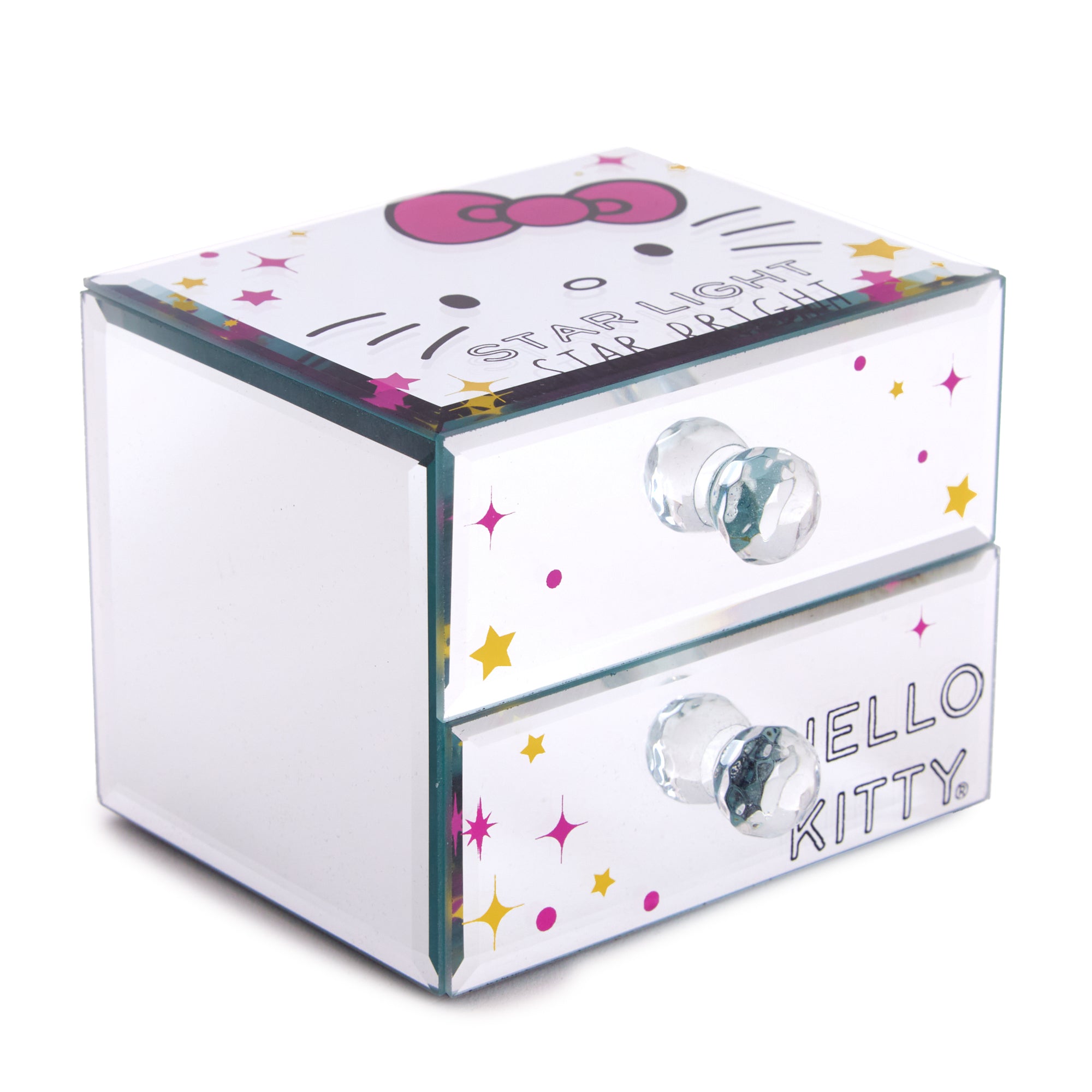 Hello Kitty compact jewelry box with crystal handles and mirror finish, open to reveal two drawers.