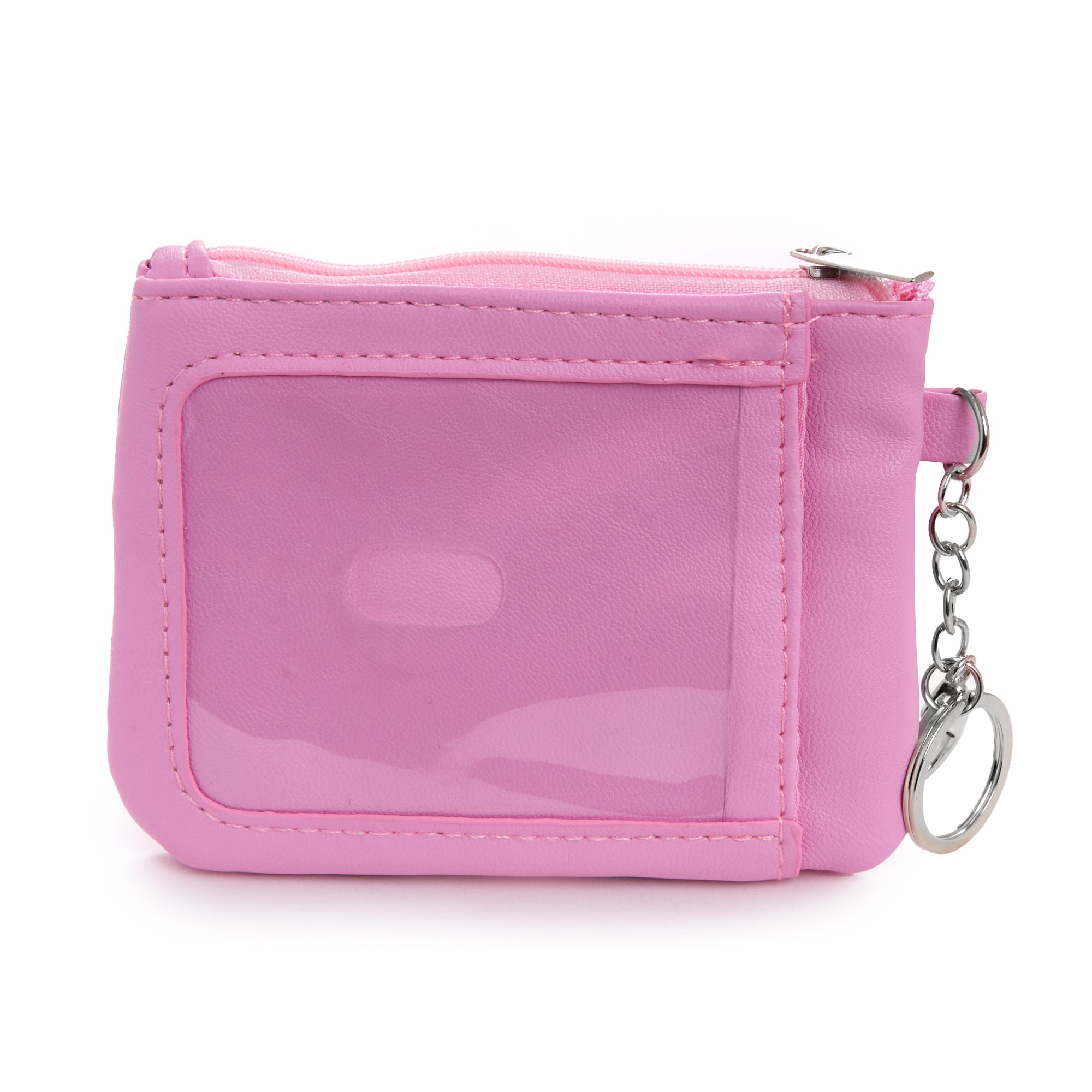 Front view of the compact leather card holder wallet with clear ID window and zipper closure