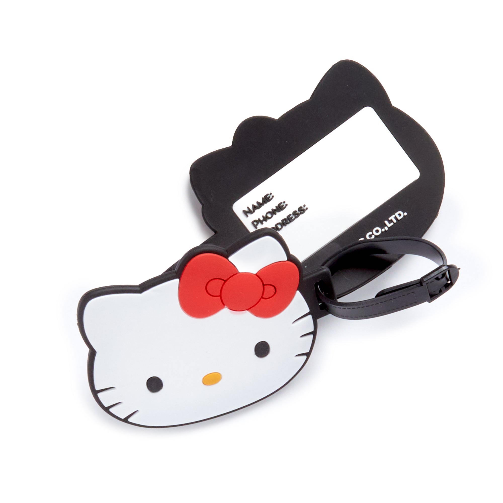 Hello Kitty luggage tag close-up, highlighting the iconic character design and durable rubber material.