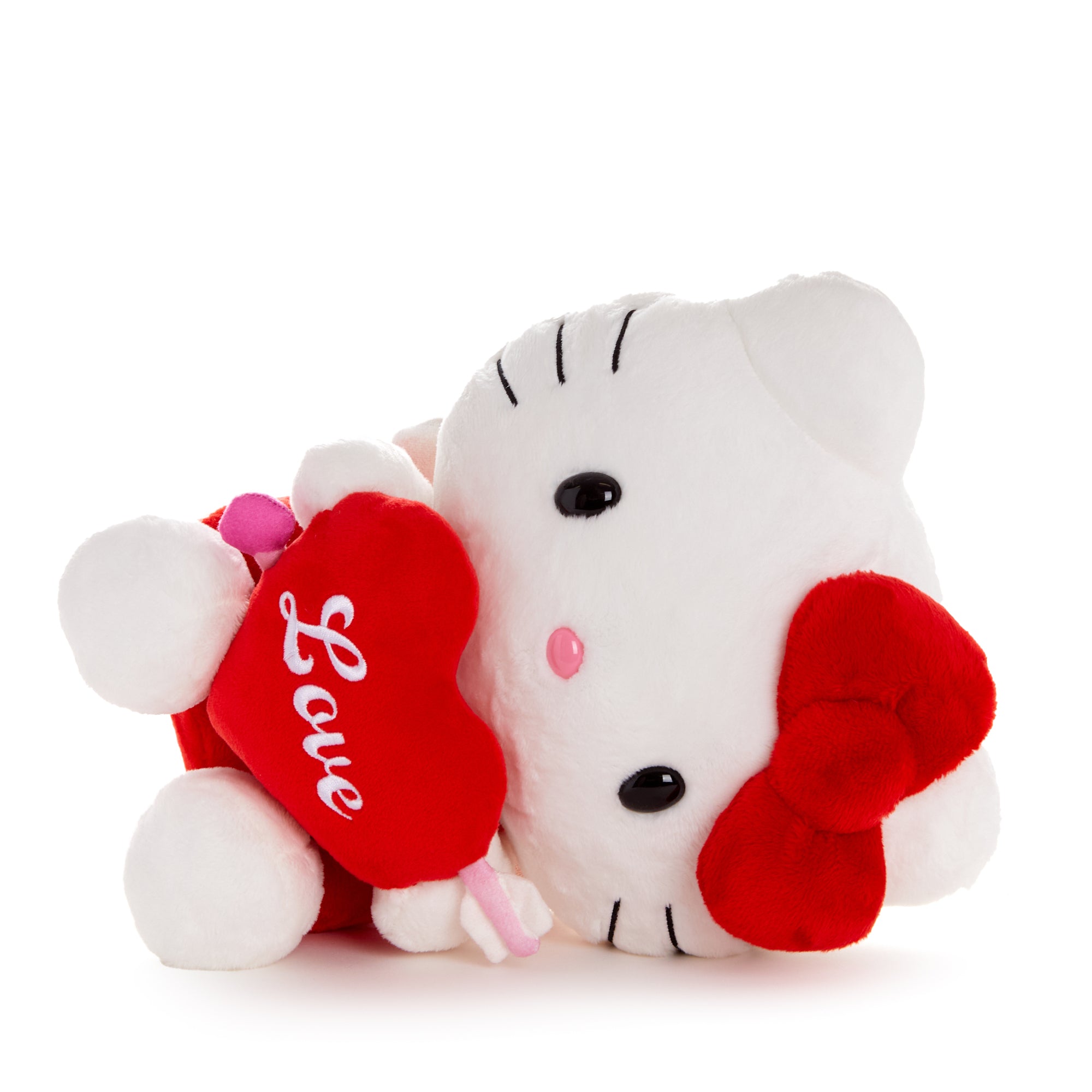 Front view of Cupid Hello Kitty plush with heart arrow and mini wings