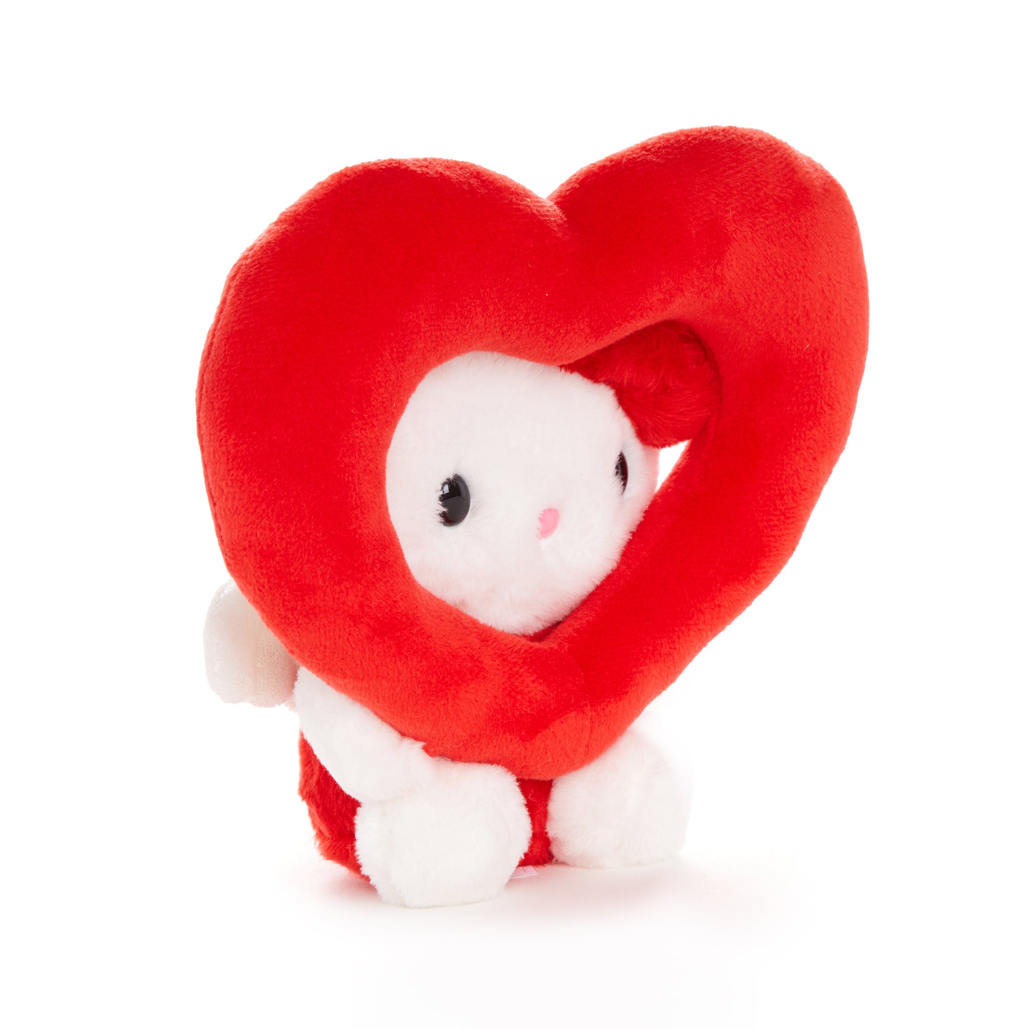 Front view of Hello Kitty Cupid plush showing embroidered details and wings
