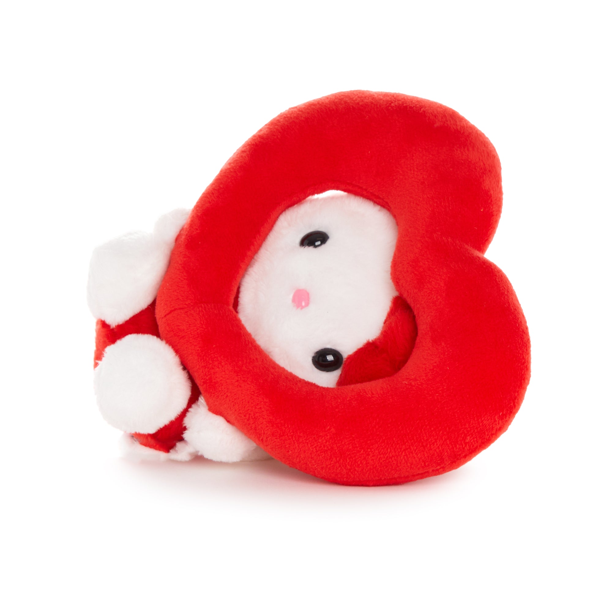 Front view of Hello Kitty Cupid plush showing embroidered details and wings