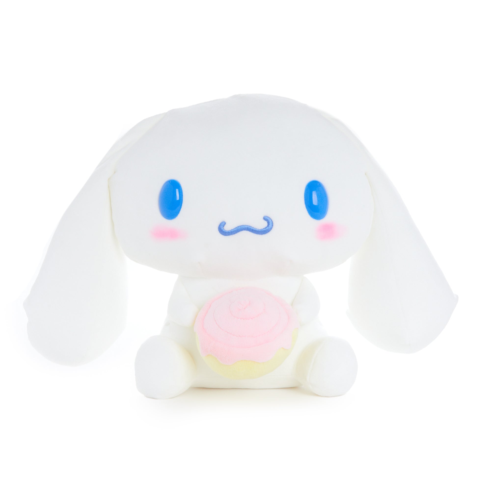 Close-up of Sanrio Cinnamoroll plush toy’s embroidered face and pastel blue bow