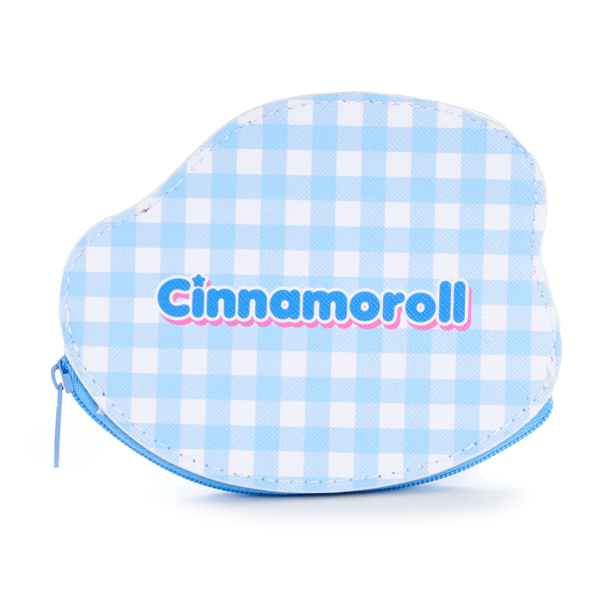 Close-up of leather coin purse featuring Cinnamoroll mascot with pastel colors