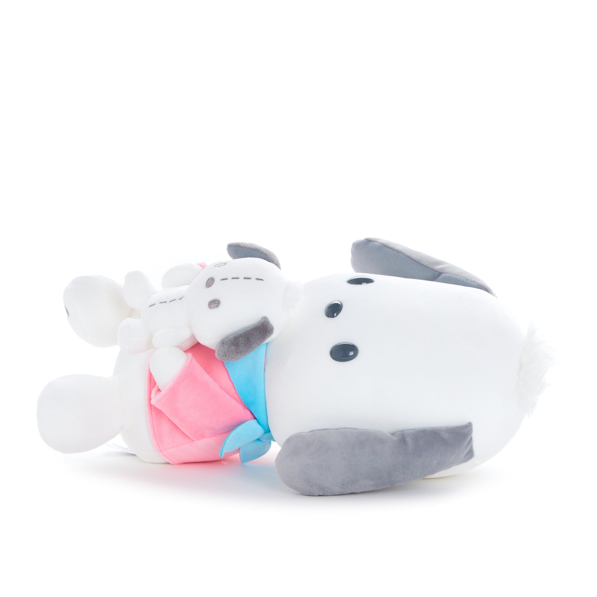 Front view of Pochacco pastel plush toy sitting on a shelf in natural lighting