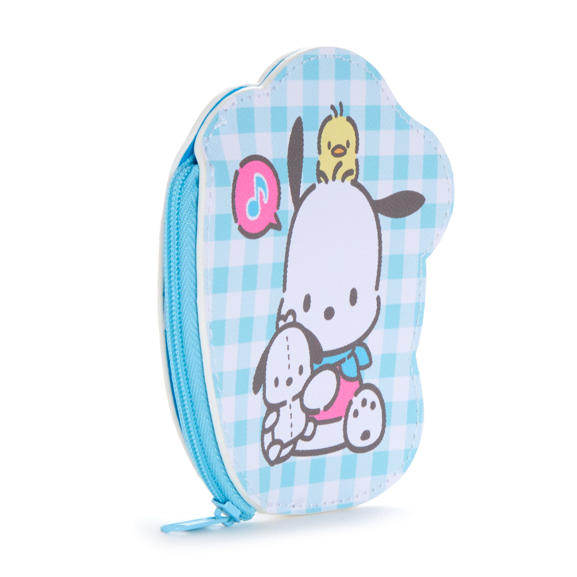 Open zipper of Pochacco coin purse revealing inner storage.
