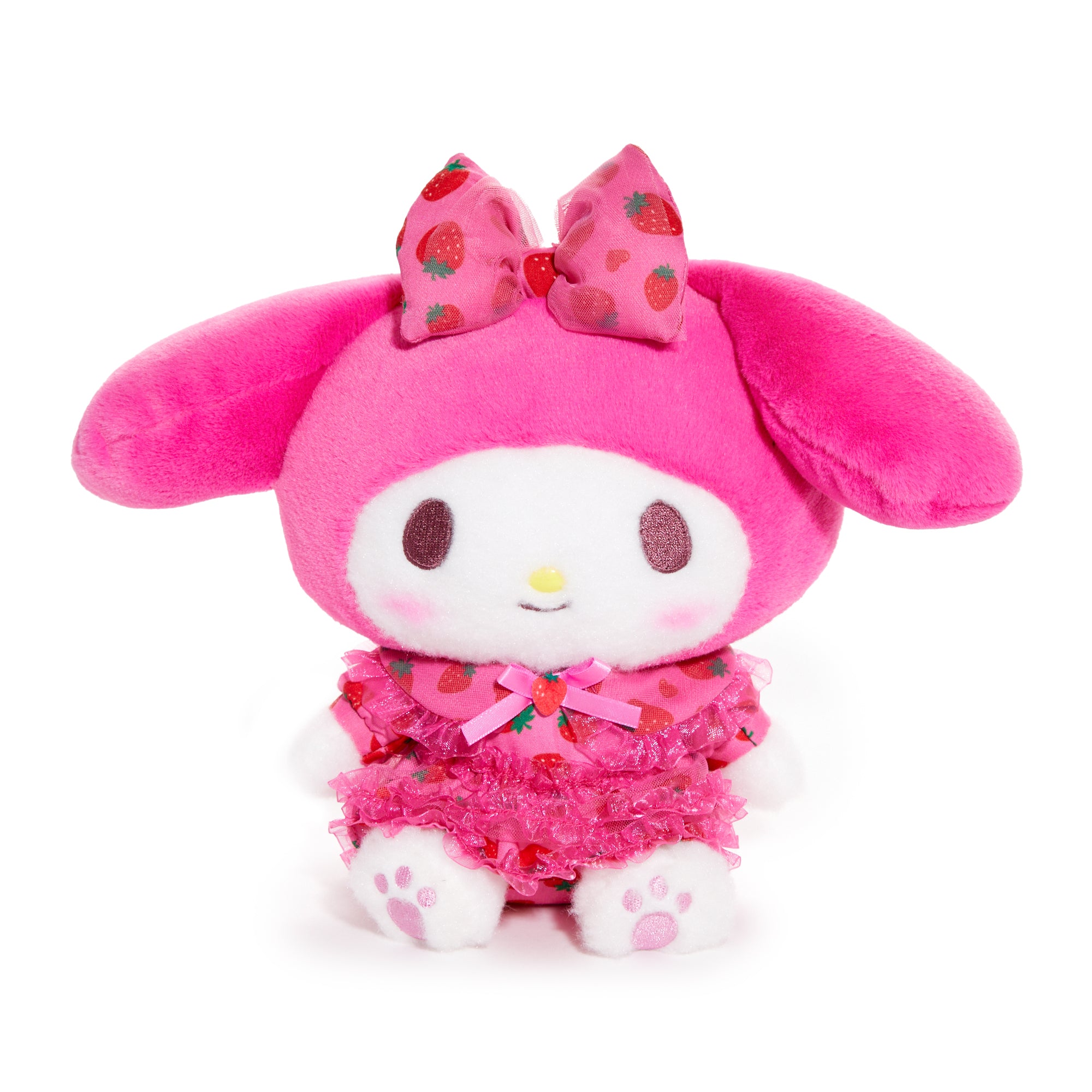 Front view of My Melody plush with strawberry print outfit, lace trim, and beret.