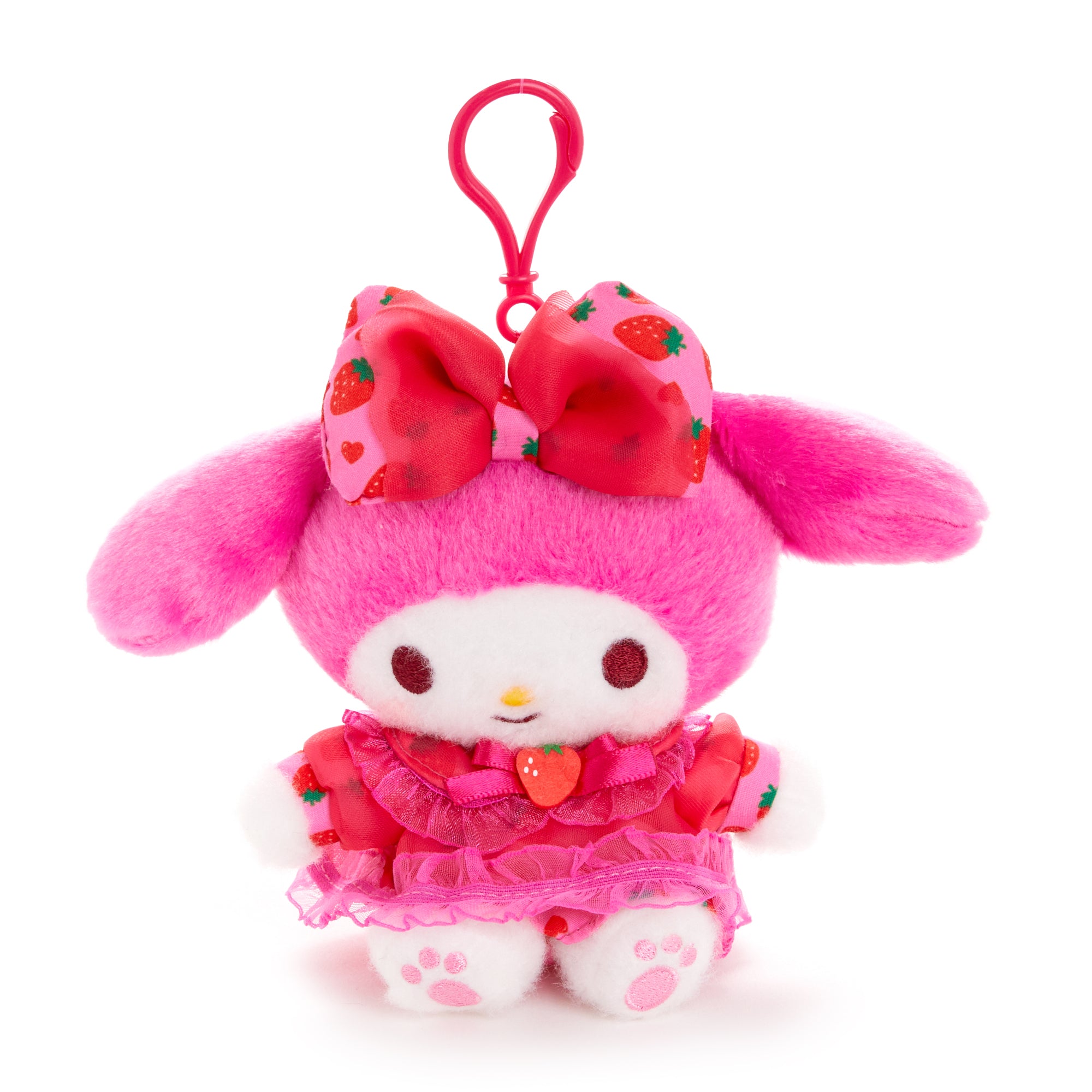 Sanrio plush mascot clip with strawberry accents attached to a keychain