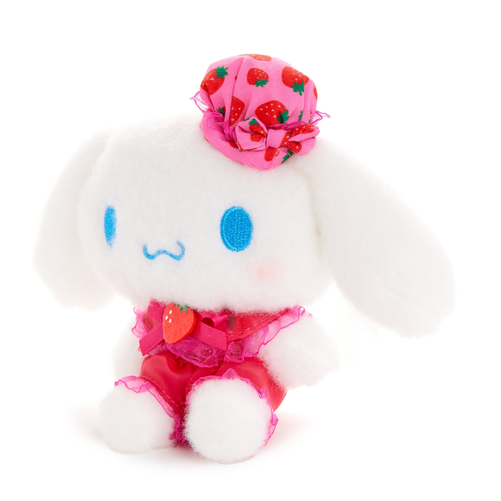 Close-up of embroidered details and clip attachment on Cinnamoroll mascot
