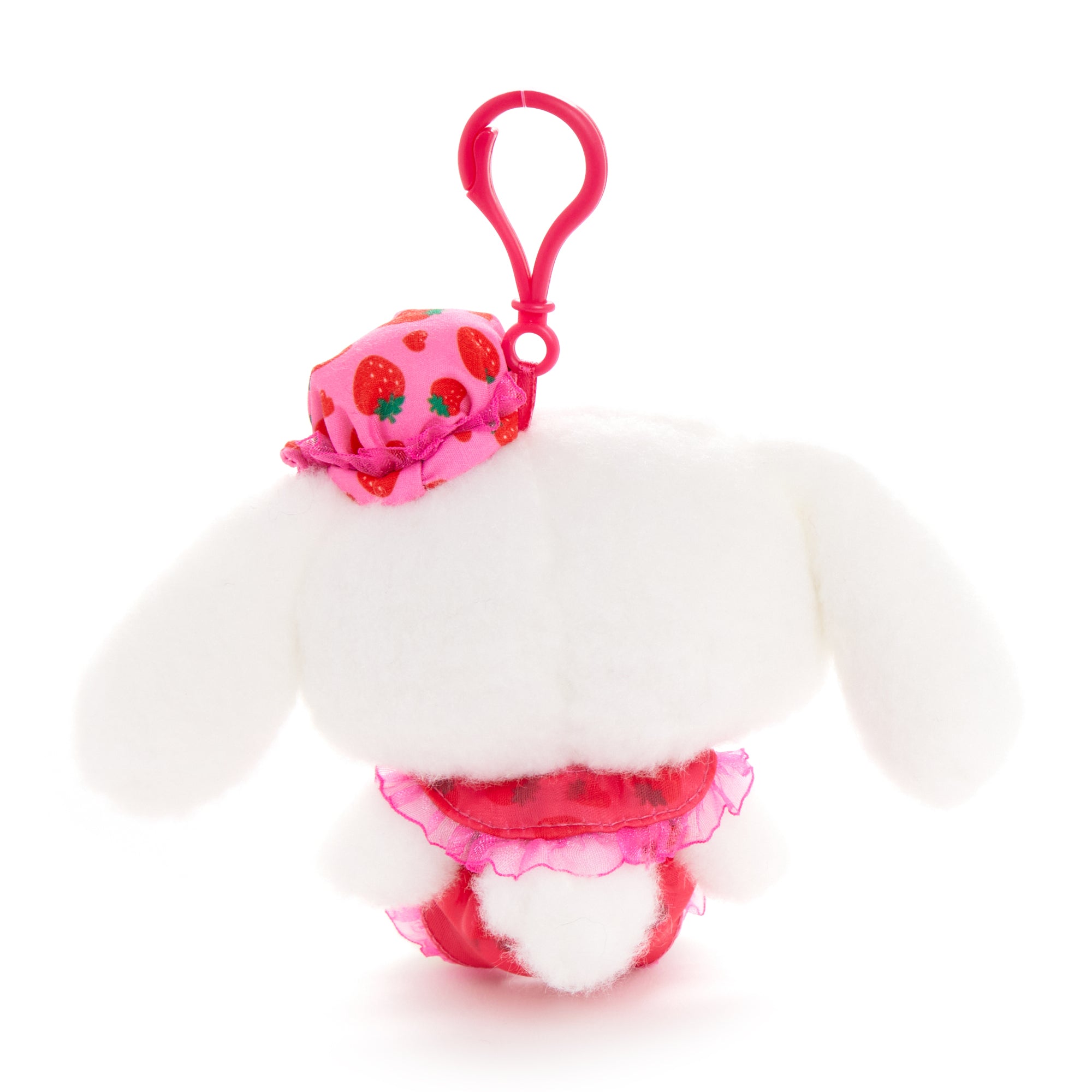 Close-up of embroidered details and clip attachment on Cinnamoroll mascot