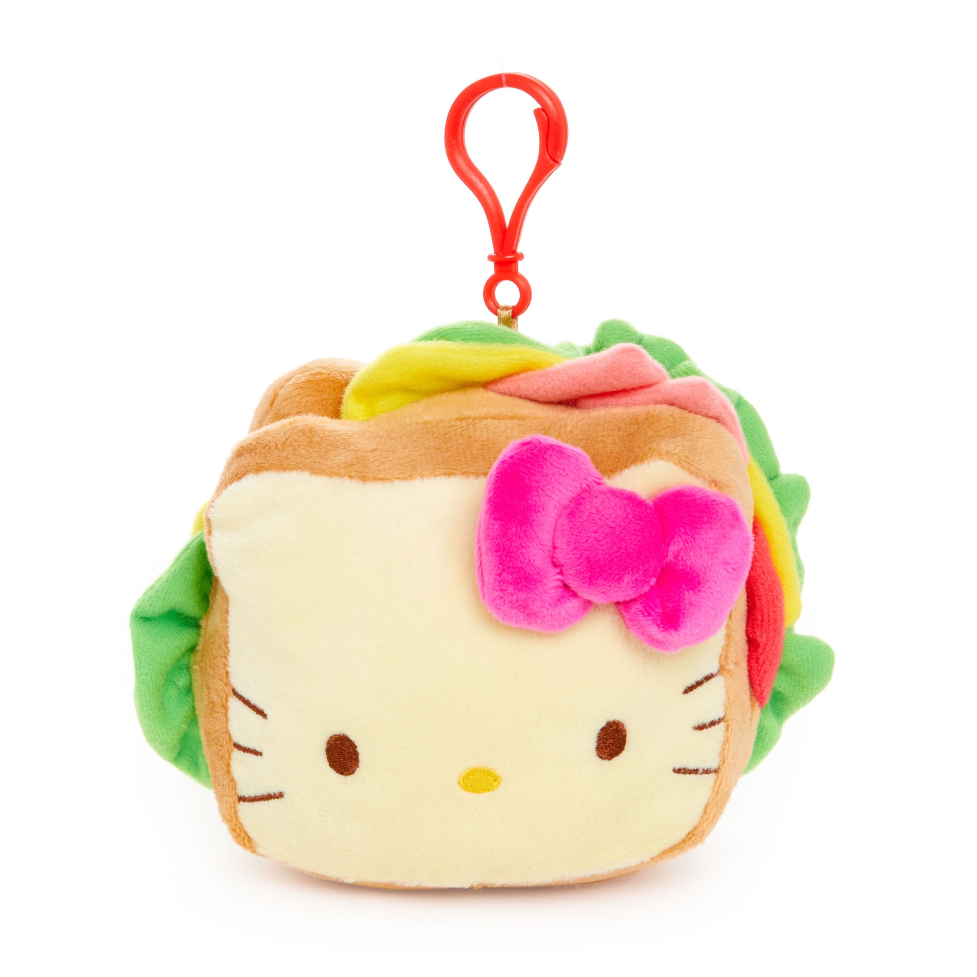 Front view of the Hello Kitty sandwich plush mascot clip hanging on a canvas tote