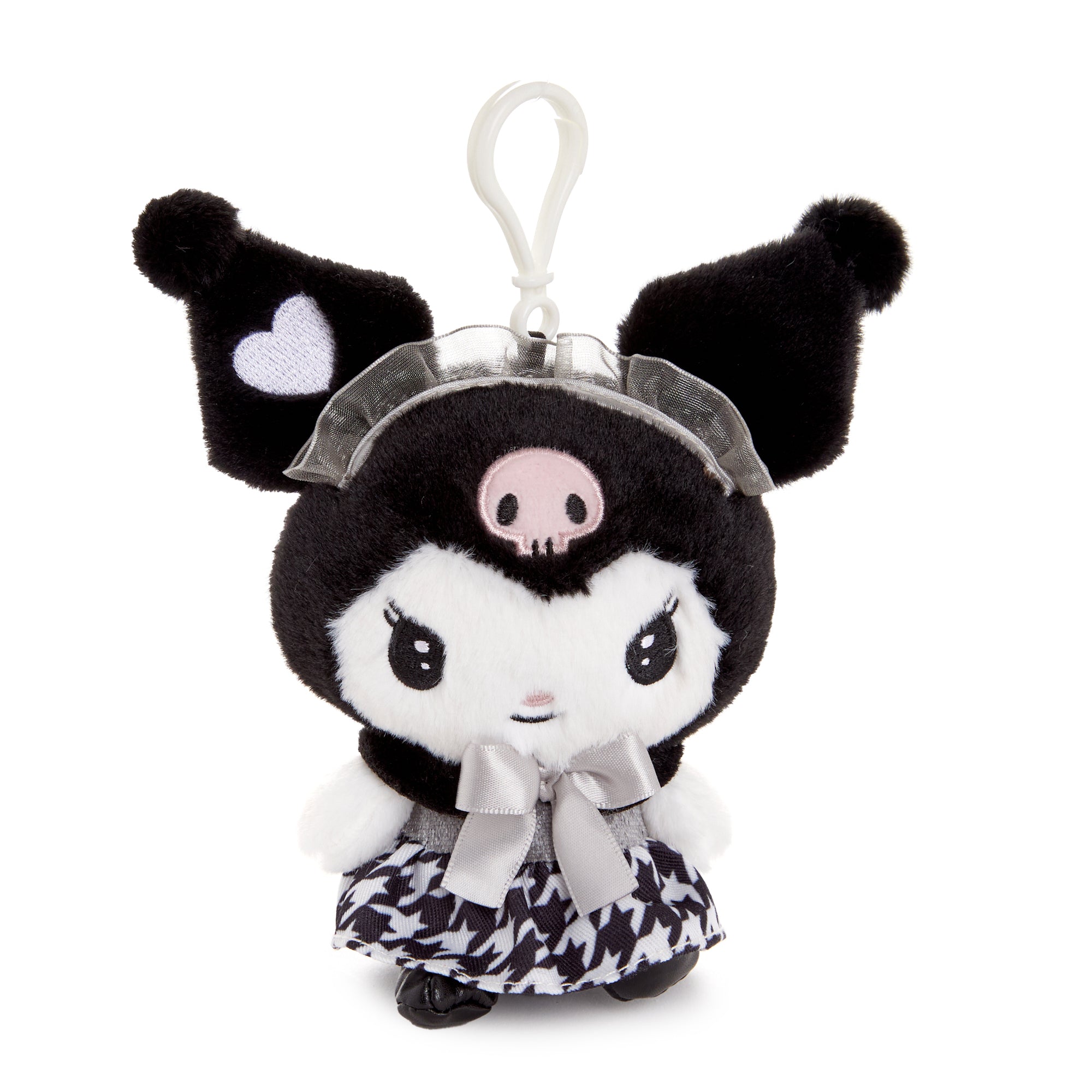 Close-up of Kuromi plush bag charm, showcasing embroidery.