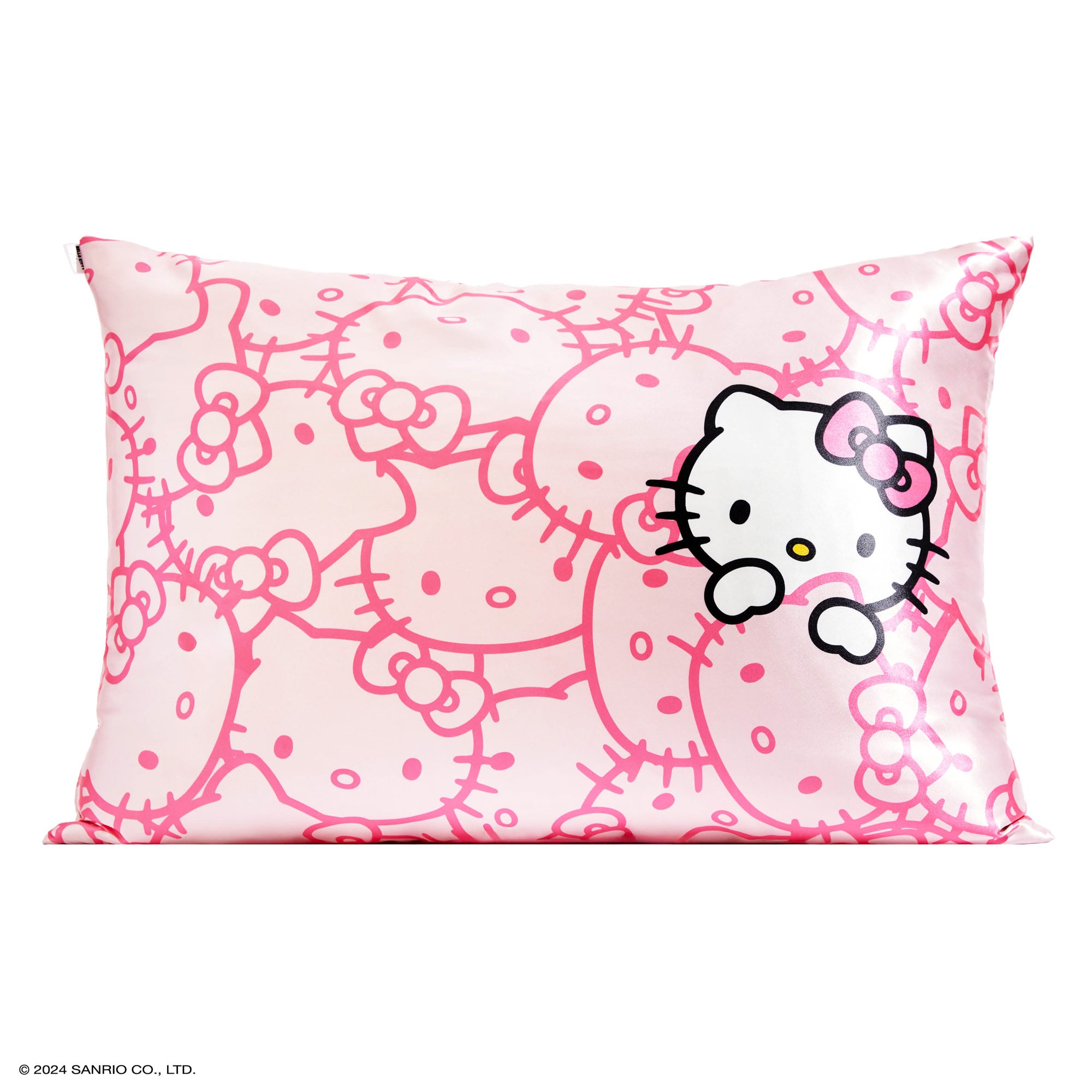 Close-up of Hello Kitty satin pillowcase fabric showcasing print and smooth texture