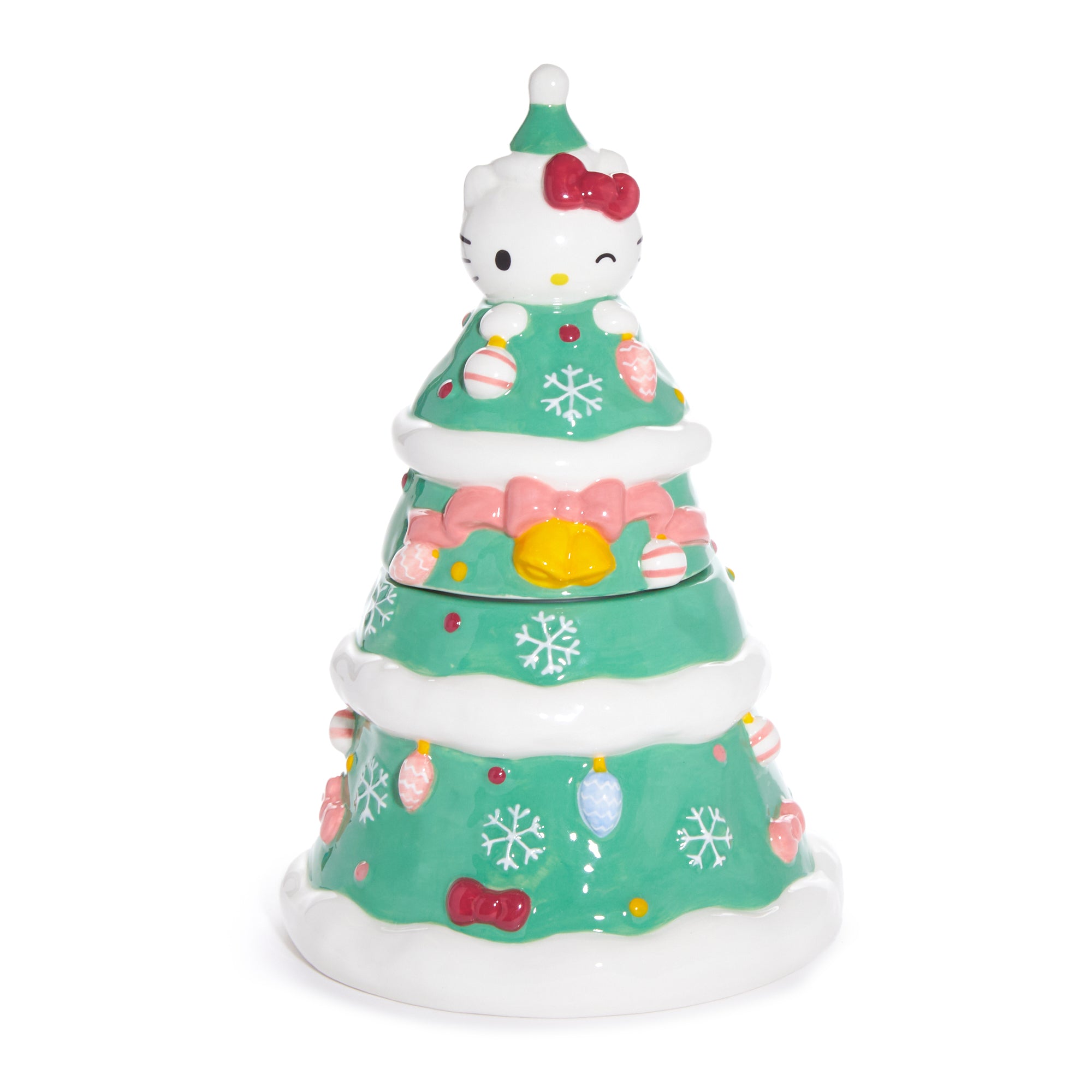 Close-up view of the Hello Kitty Christmas cookie jar showcasing its intricate design.