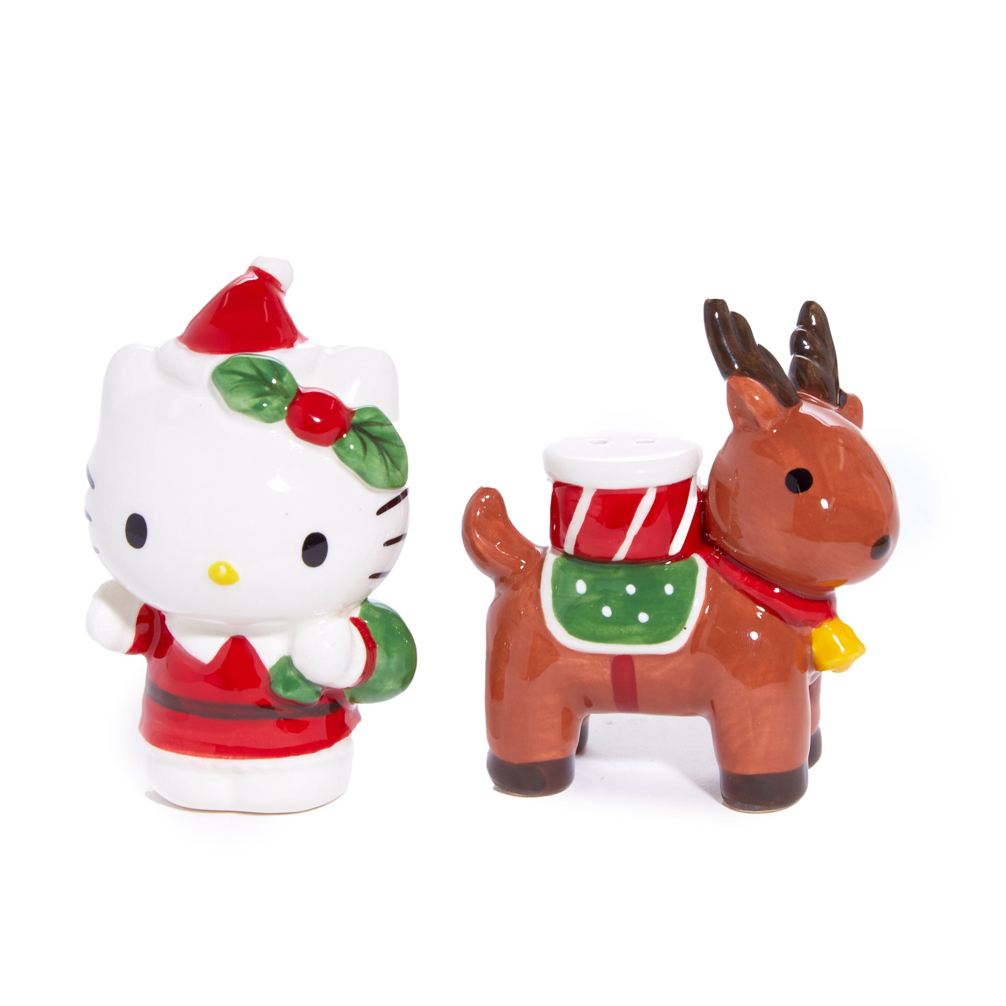 Hello Kitty Ceramic Holiday Salt & Pepper Set on a festive holiday table