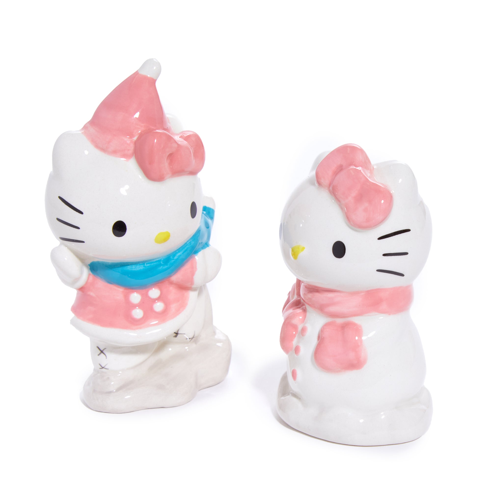 Front view of Hello Kitty snow play ceramic salt shaker on holiday table