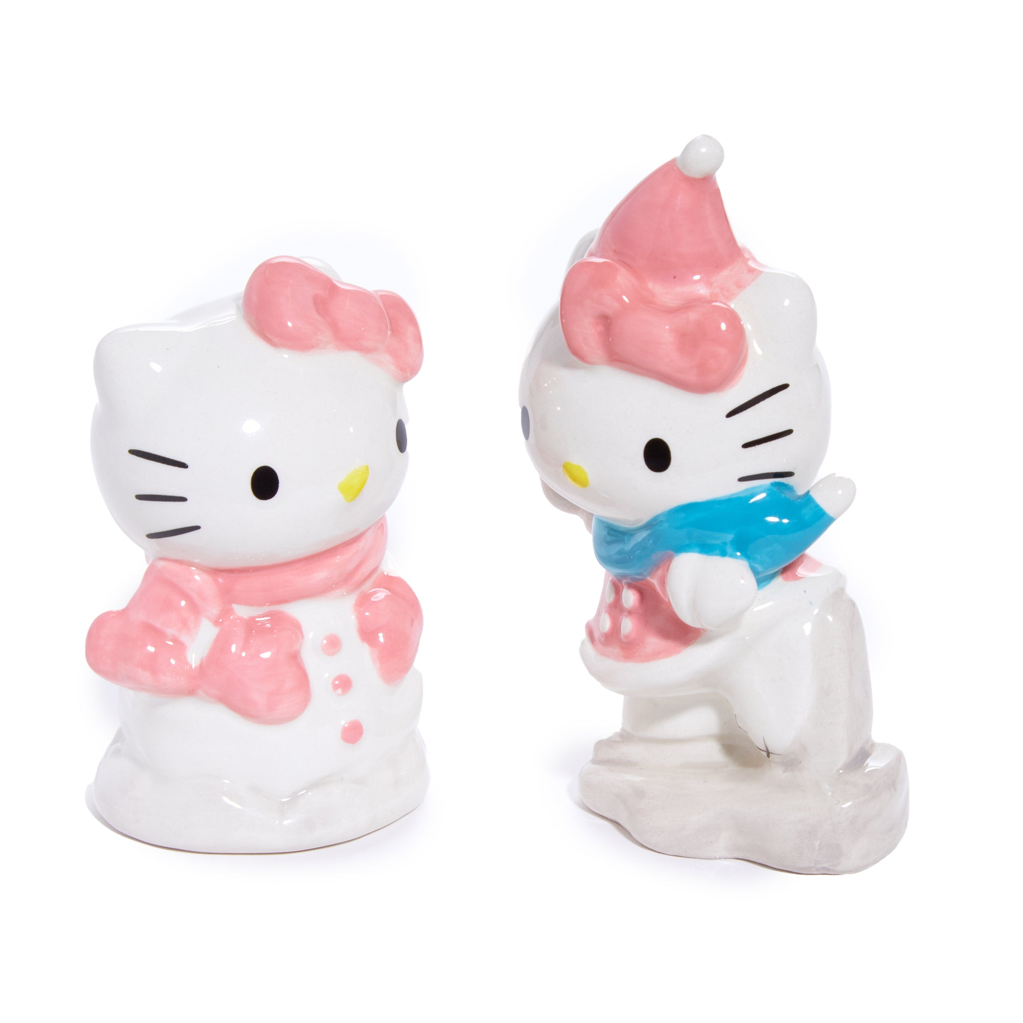 Front view of Hello Kitty snow play ceramic salt shaker on holiday table