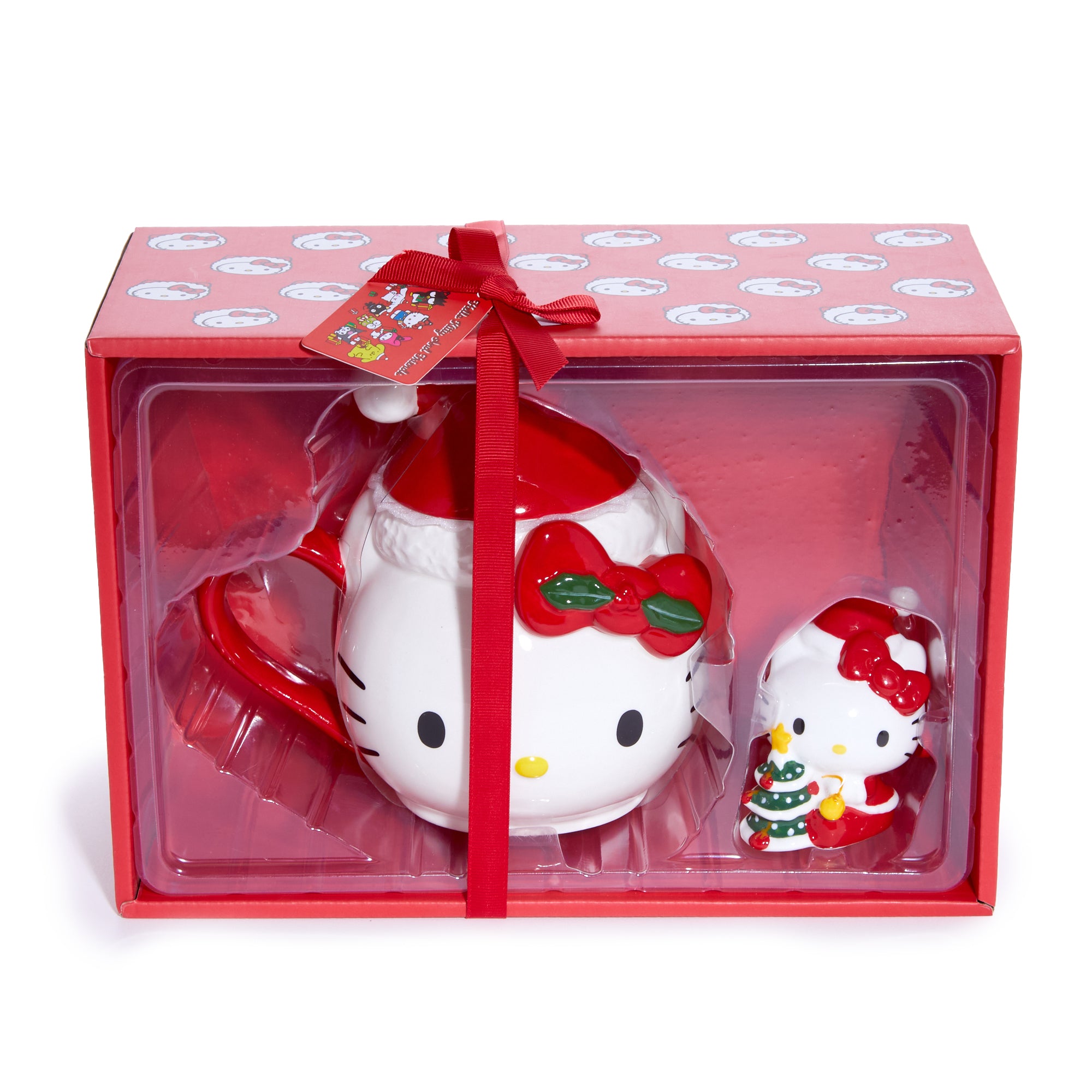 Full set showing mug and mini figurine placed on a decorated mantel with holiday outdoor decorations