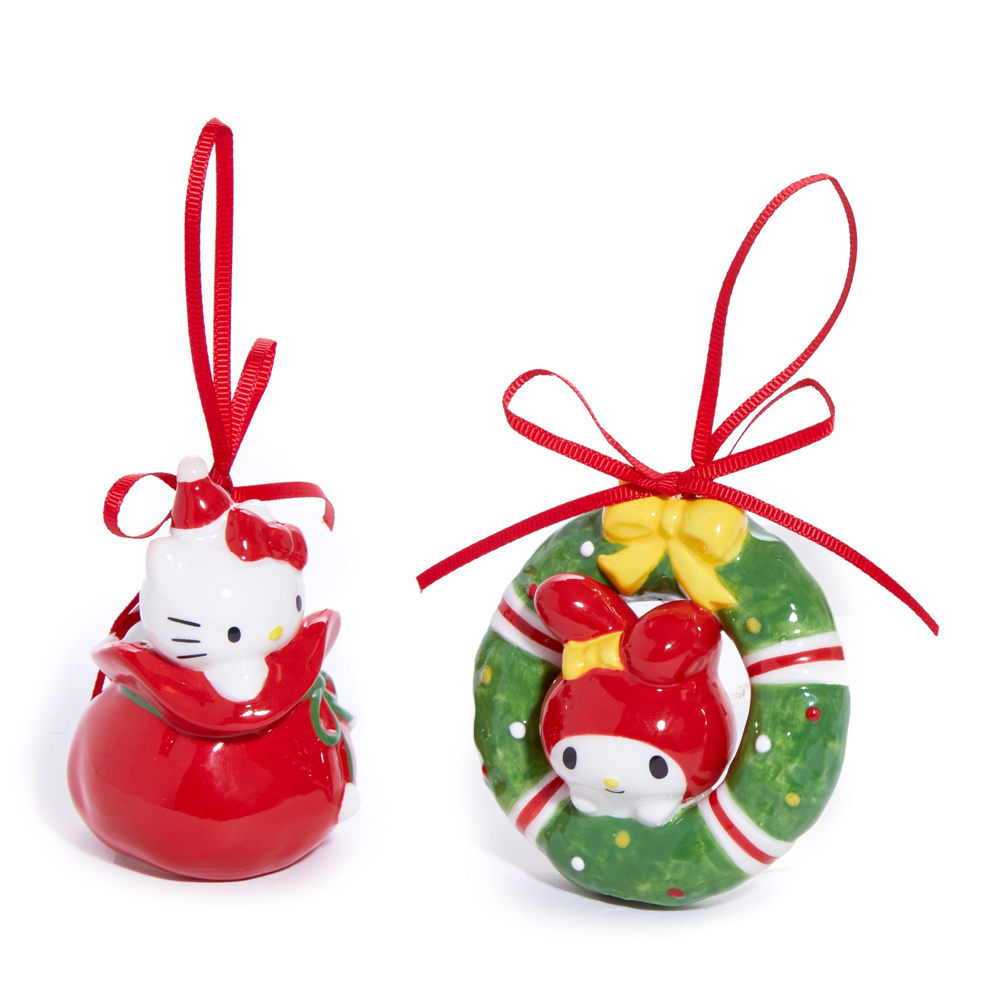 Boxed Hello Kitty and My Melody ceramic ornaments ready for gifting or seasonal decor.