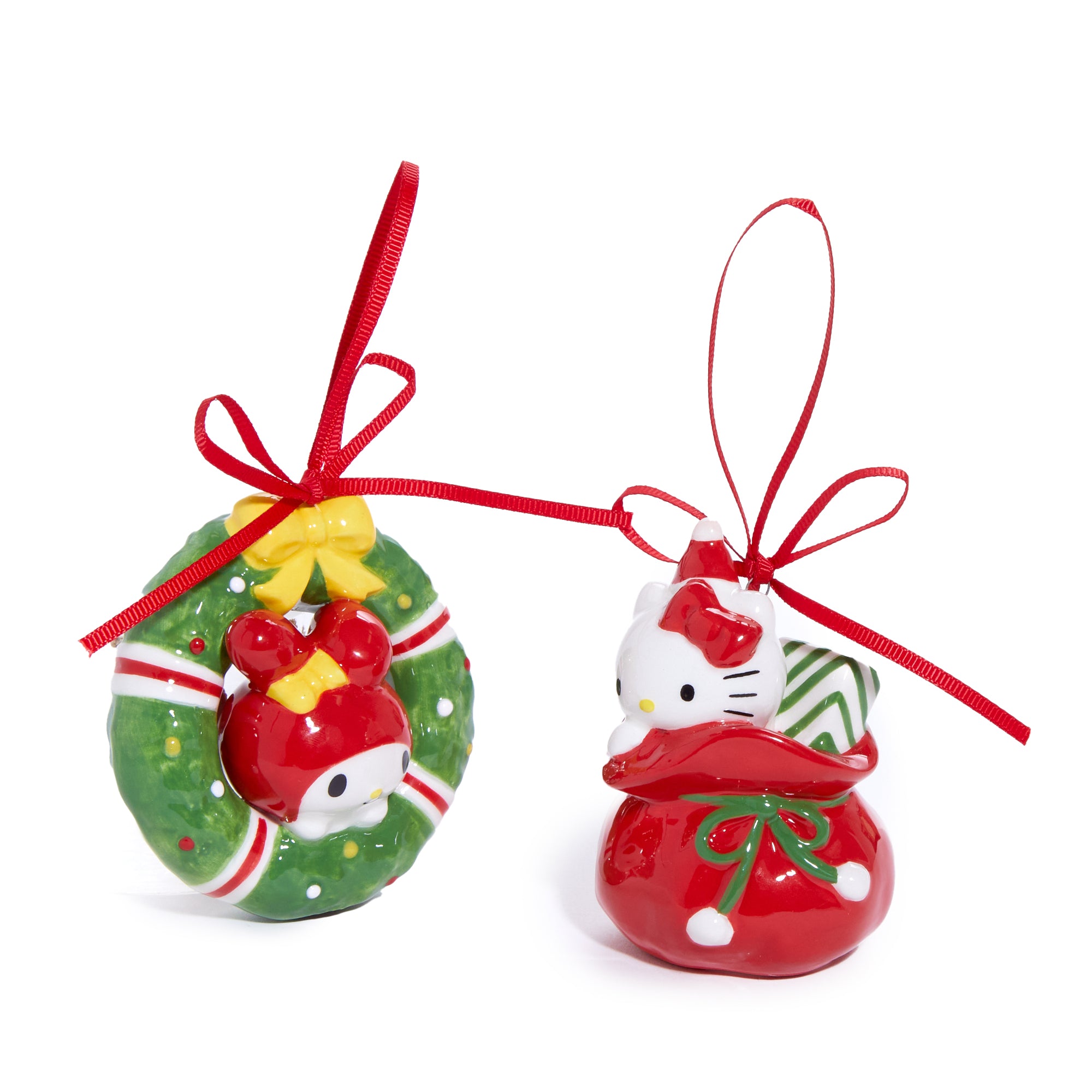 Boxed Hello Kitty and My Melody ceramic ornaments ready for gifting or seasonal decor.