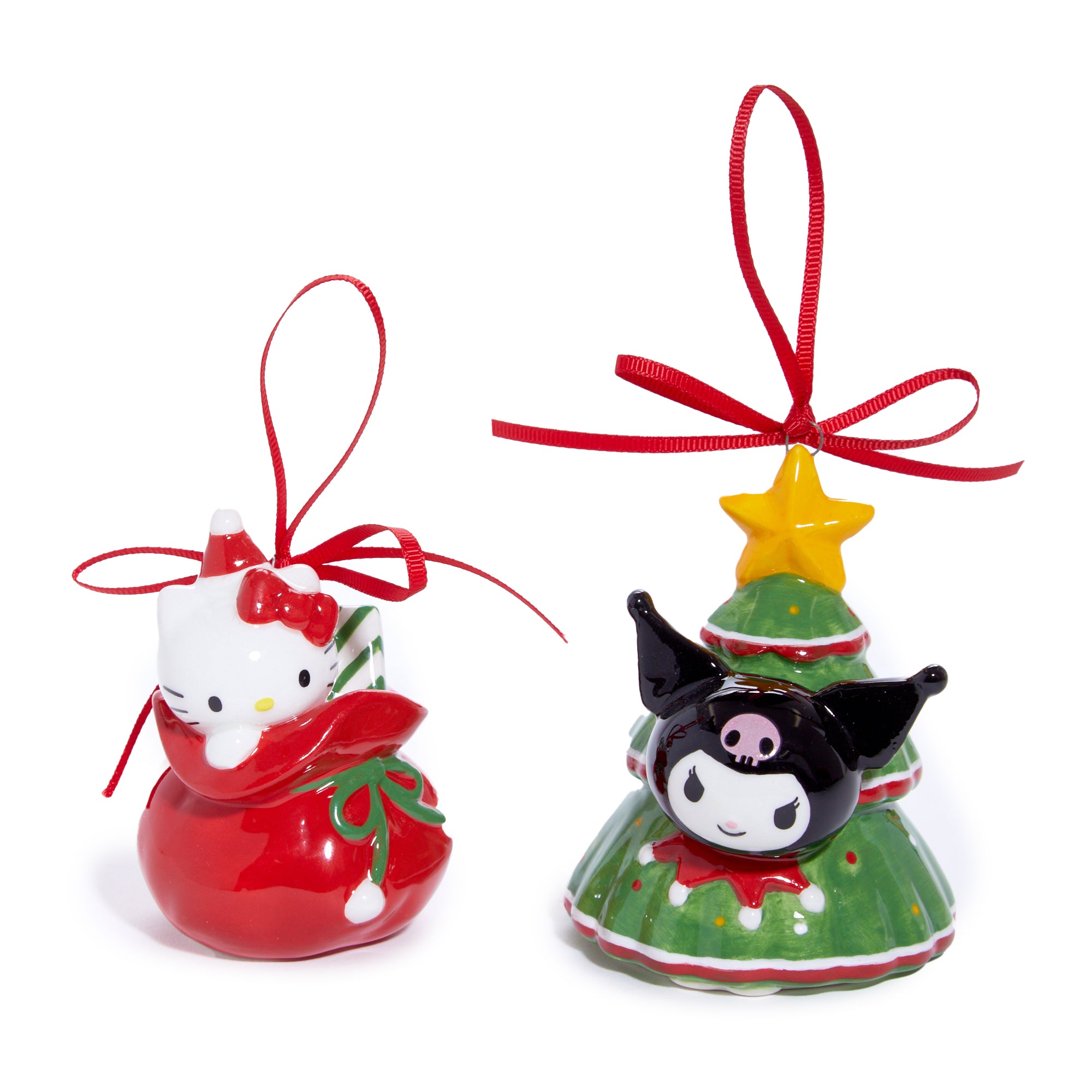 Hello Kitty ceramic ornament hanging on a Christmas tree