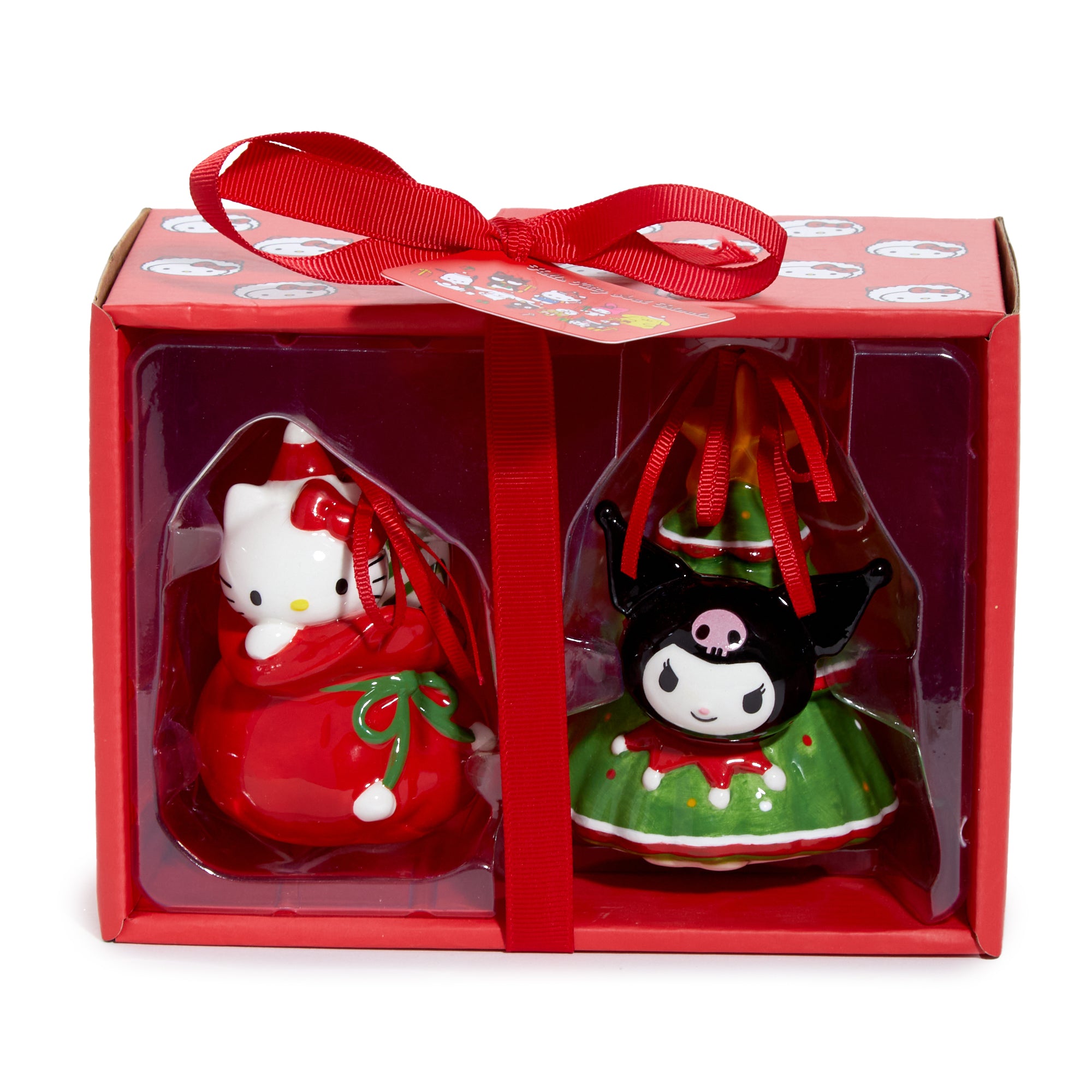 Kuromi holiday ornament displayed beside matching Hello Kitty piece