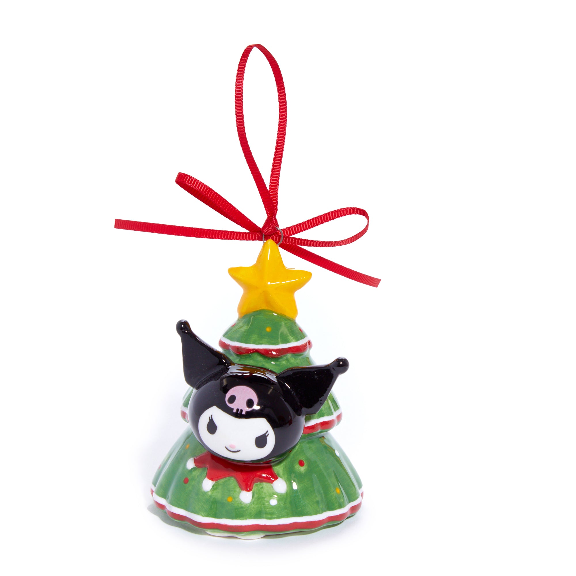 Kuromi holiday ornament displayed beside matching Hello Kitty piece