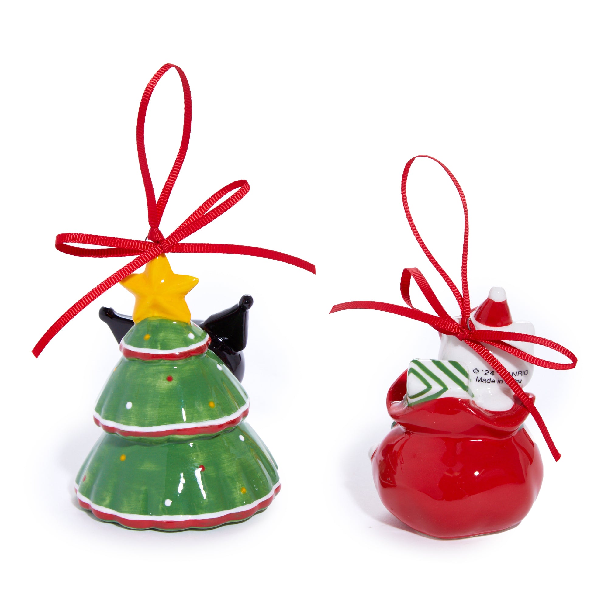Close-up of red Hello Kitty ceramic Christmas ornament with glitter accents