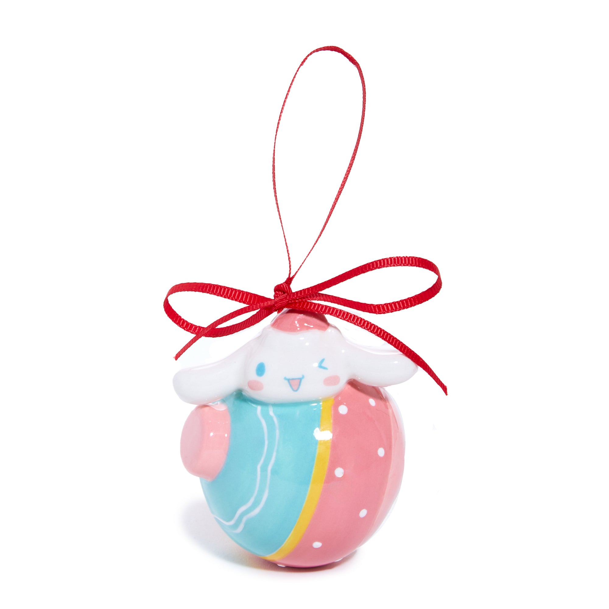 Close-up of hand-painted Hello Kitty ornament showing intricate ceramic details