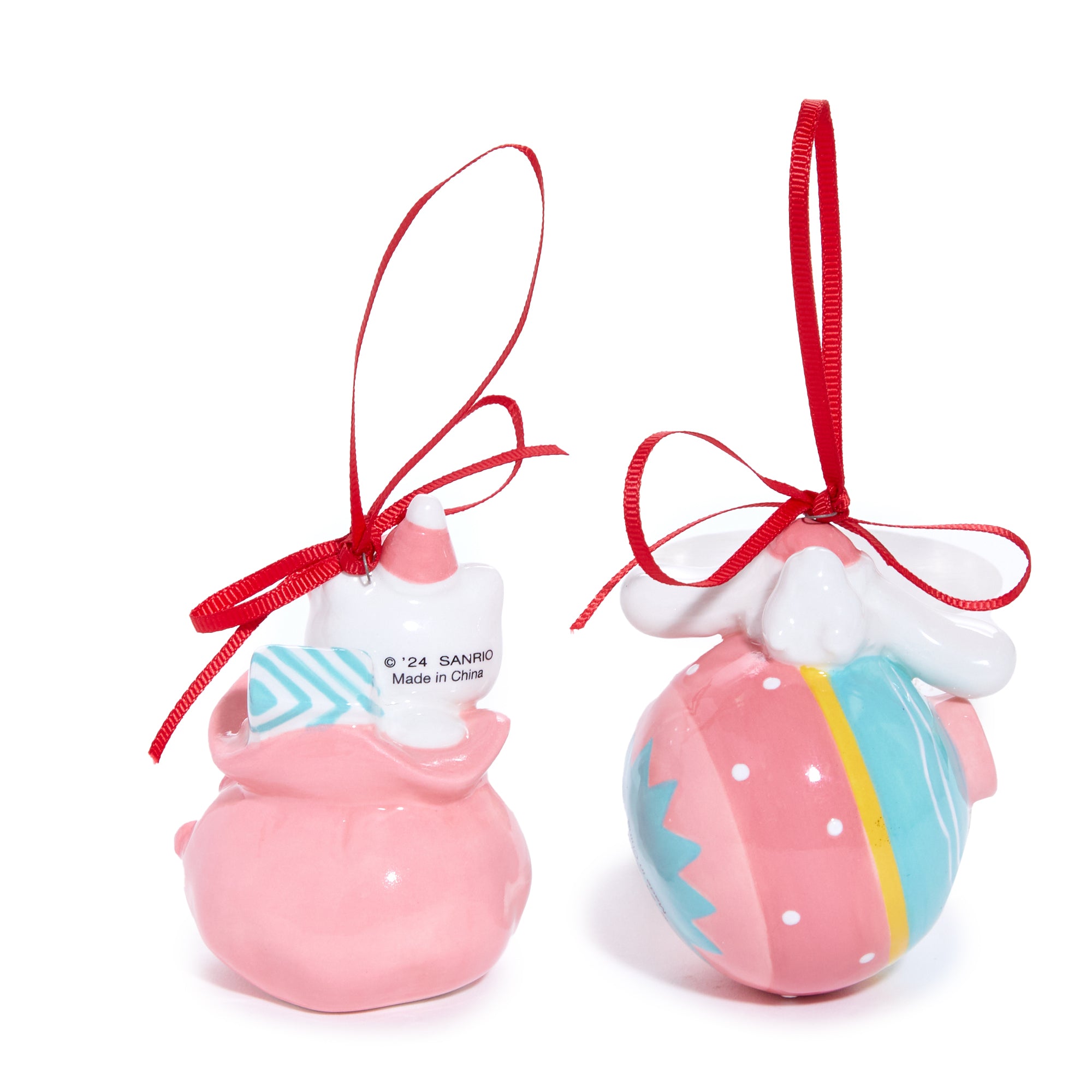 Close-up of hand-painted Hello Kitty ornament showing intricate ceramic details