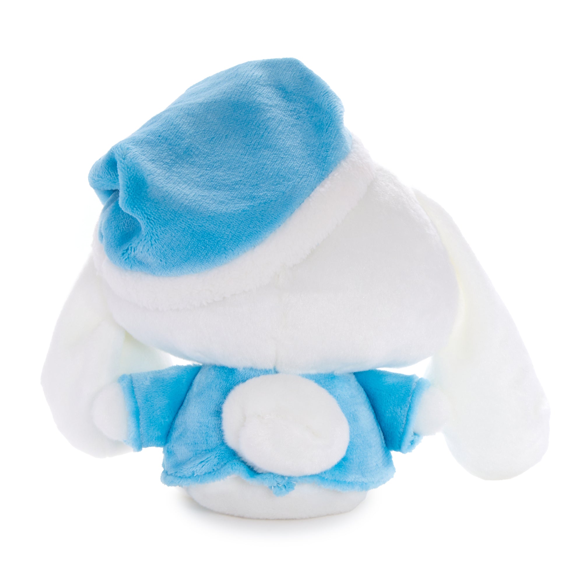 Front view of the large cinnamoroll plush with nightcap and gown for cozy nights