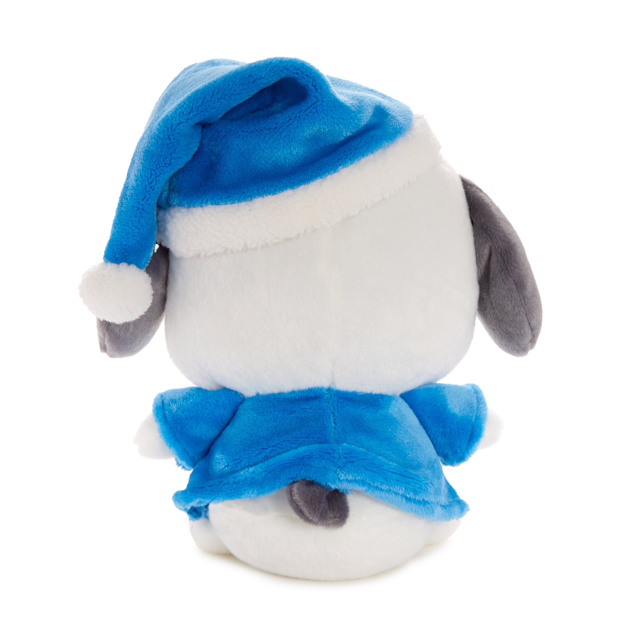 Close-up of Pochacco plushs embroidered face and nightcap