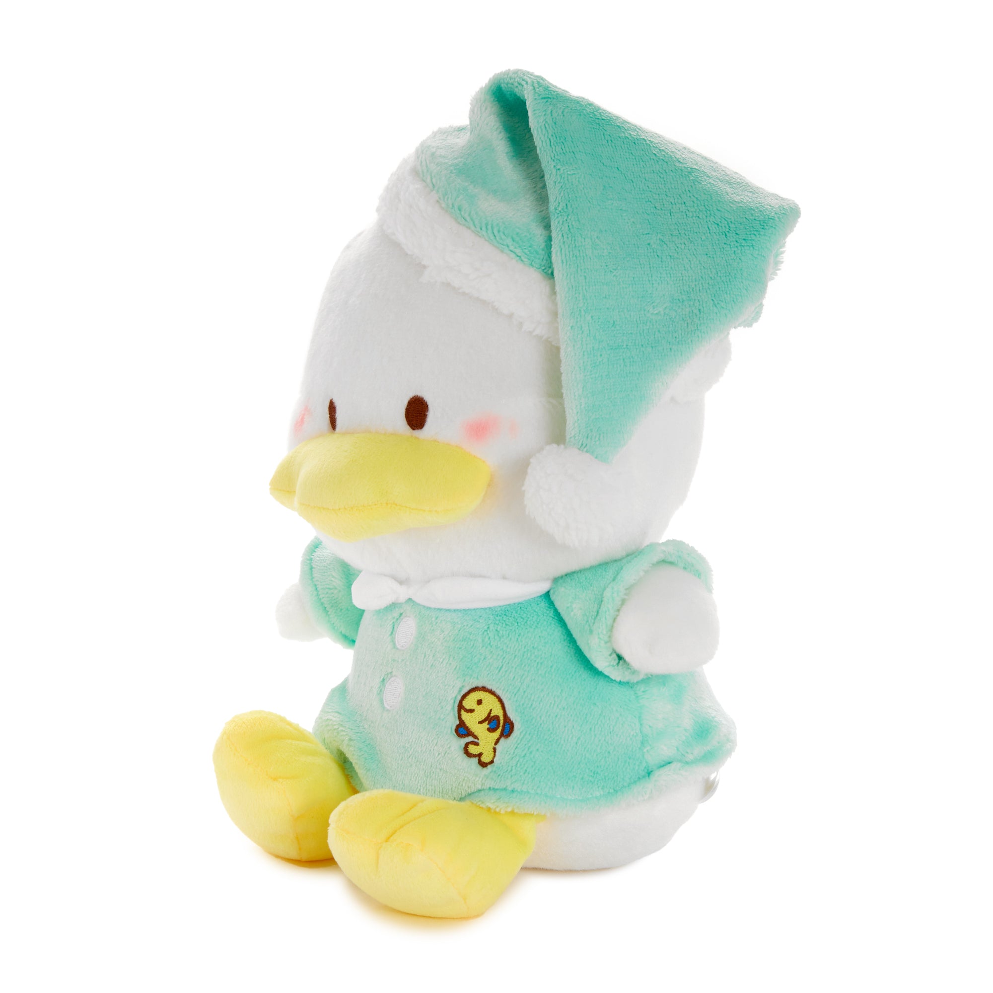 Back view of Pekkle Sanrio plush toy, showing embroidered character details
