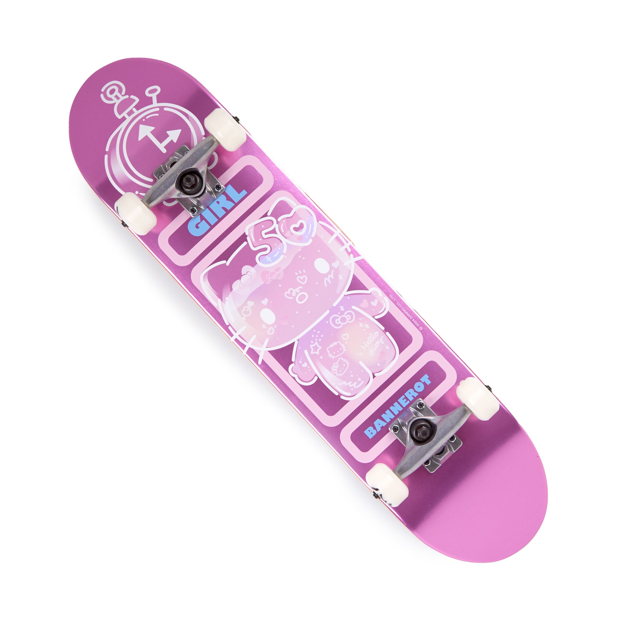 Hello Kitty complete skateboard deck with metallic finish and 50th anniversary artwork