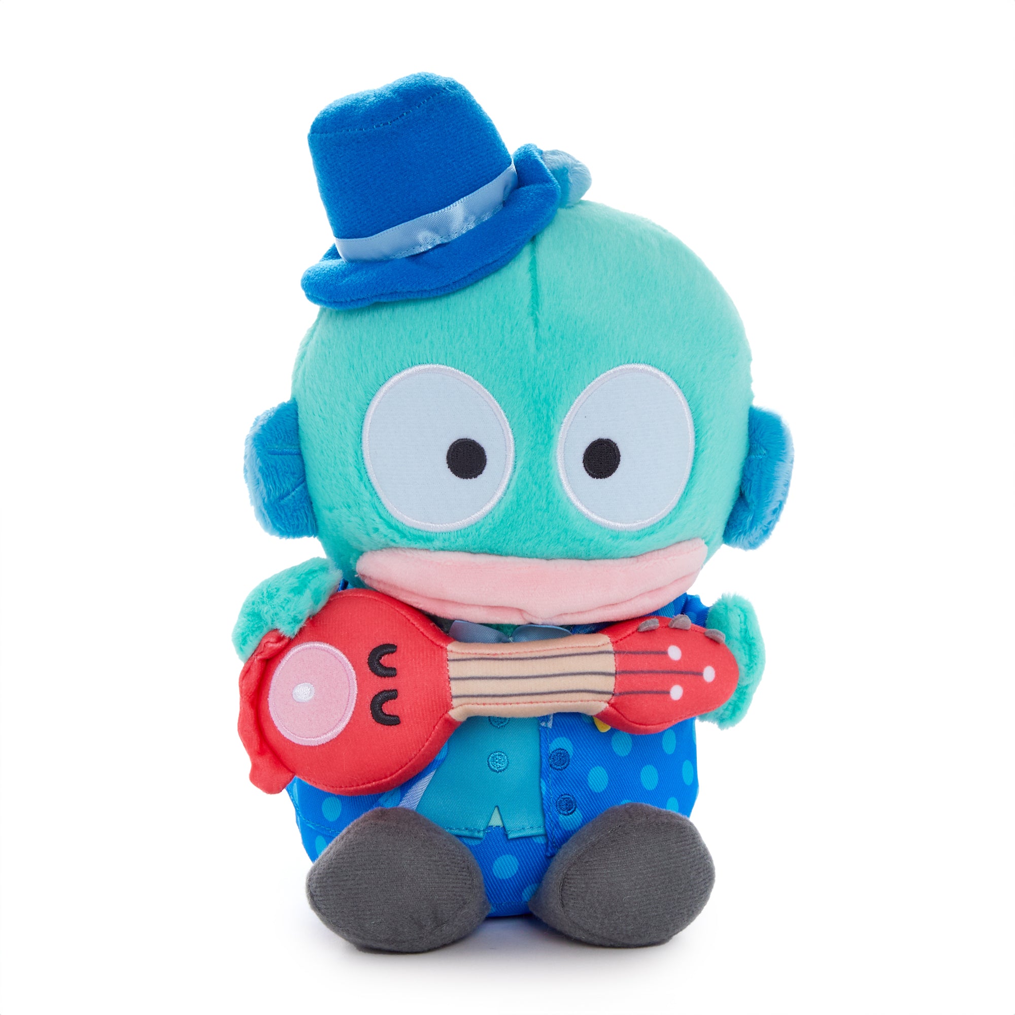 Close-up of Hangyodon plush with guitar accent and embroidered details