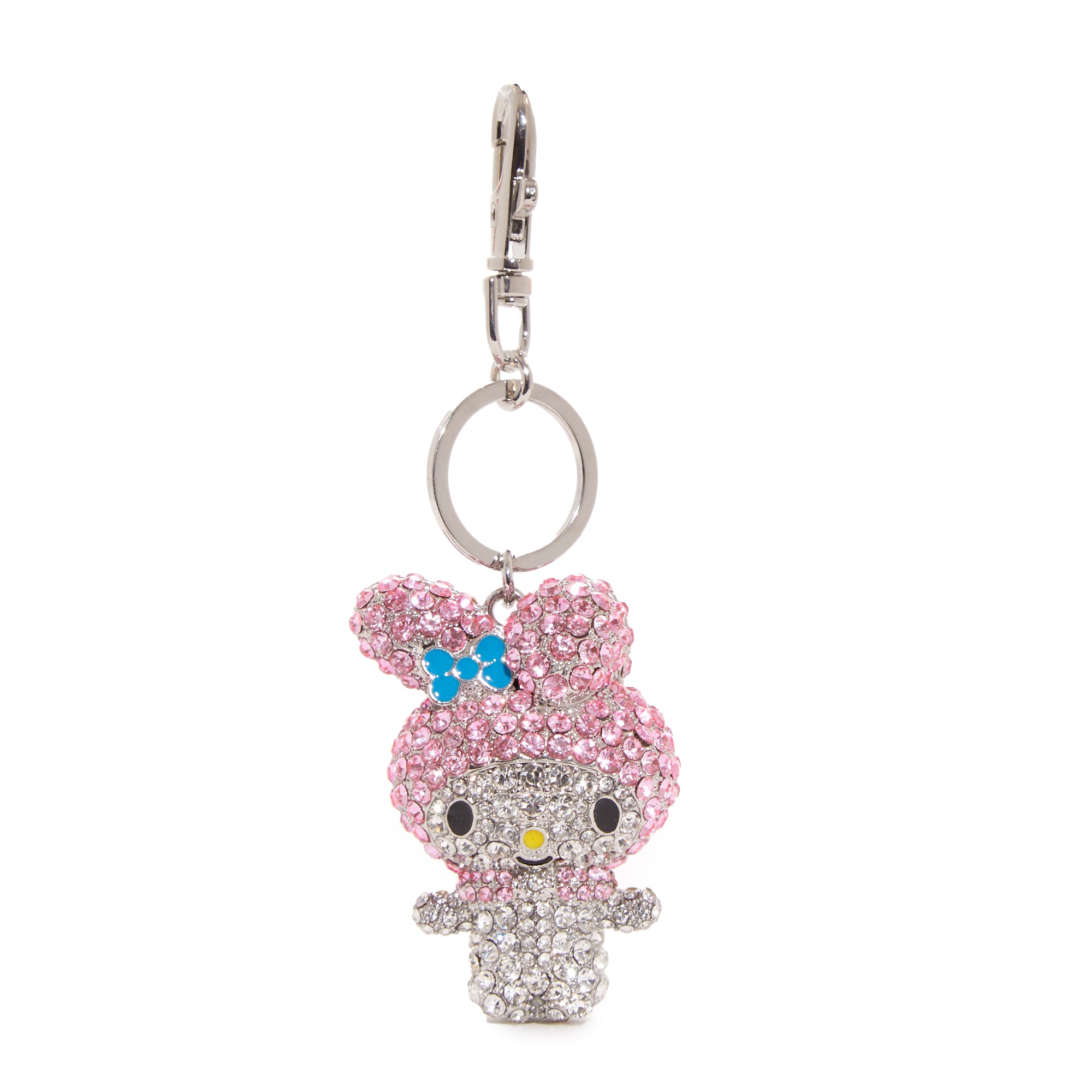 Close-up of My Melody keychain with crystals reflecting light.