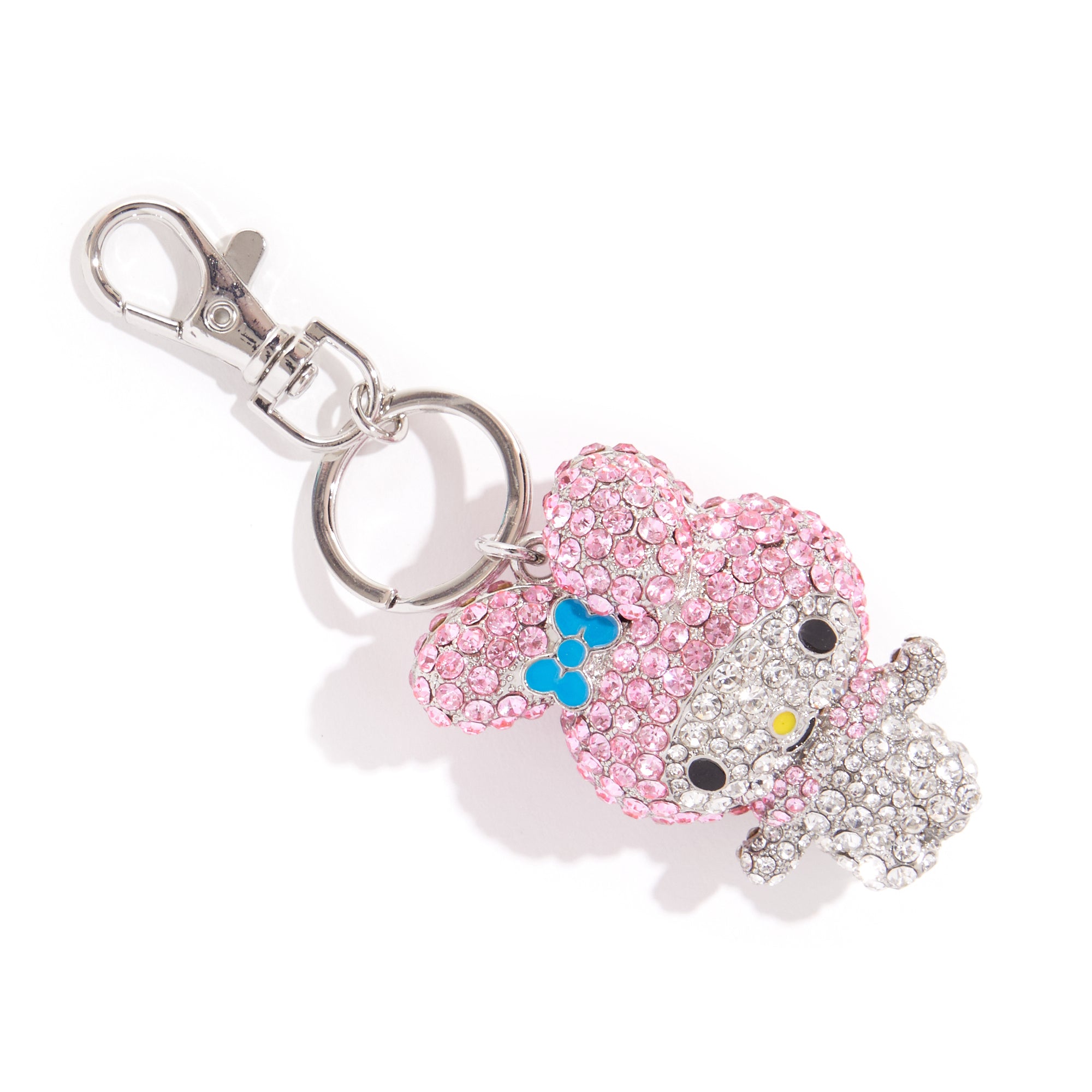 Side view of the 3D My Melody character keychain with detailed crystal work.