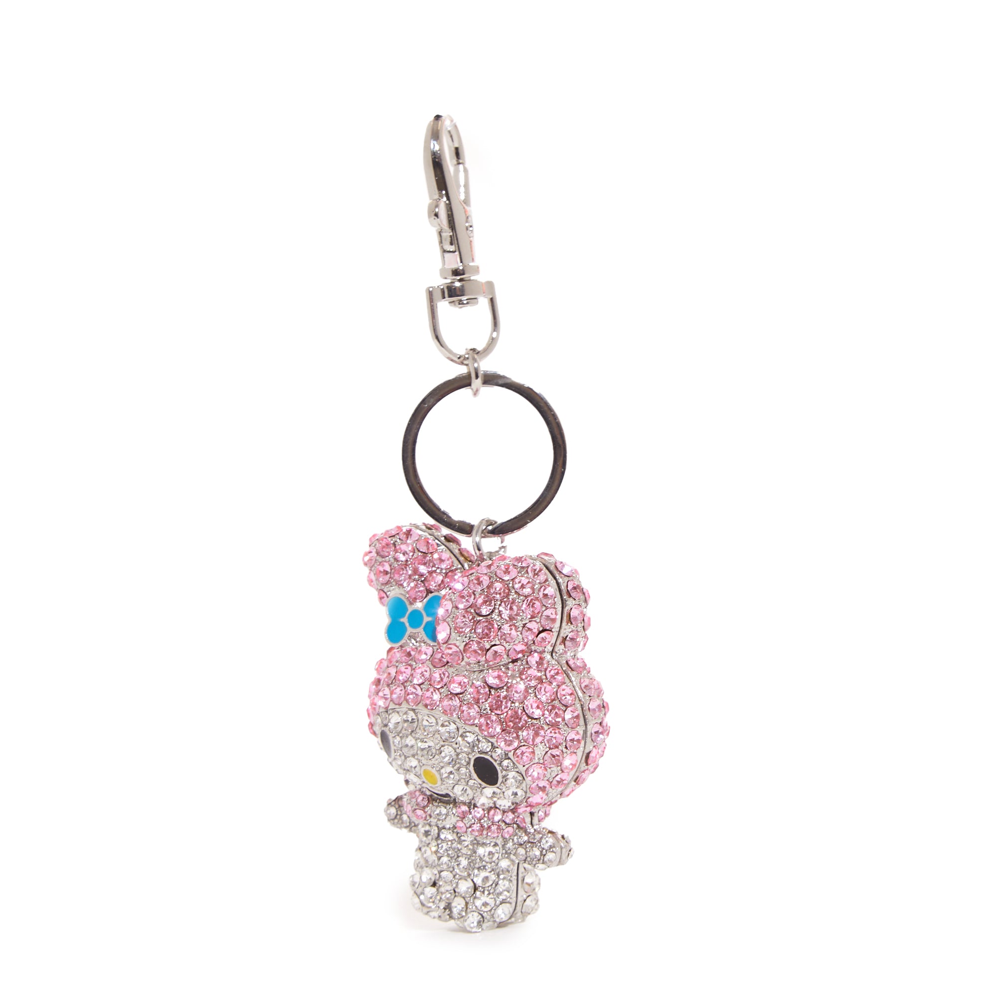 My Melody bling keychain hanging from a keyring, showcasing its pave crystals.