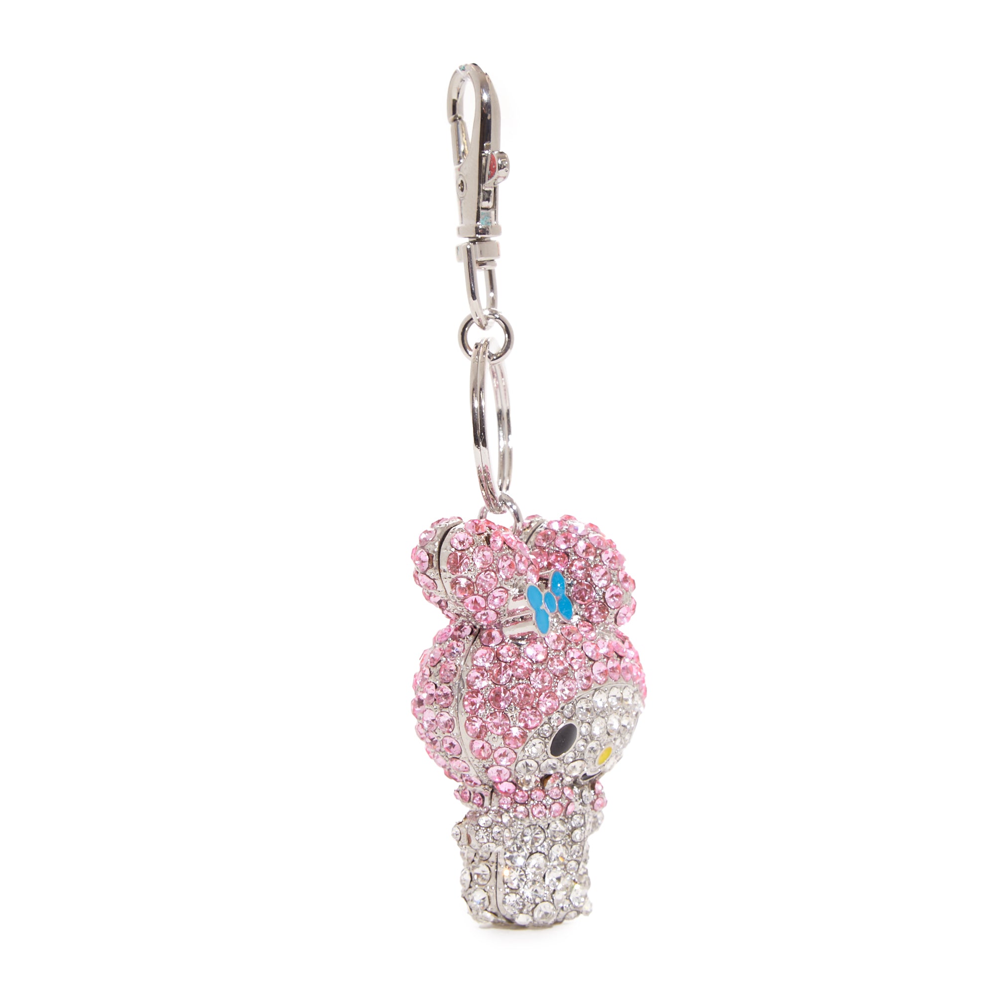 Side view of the 3D My Melody character keychain with detailed crystal work.