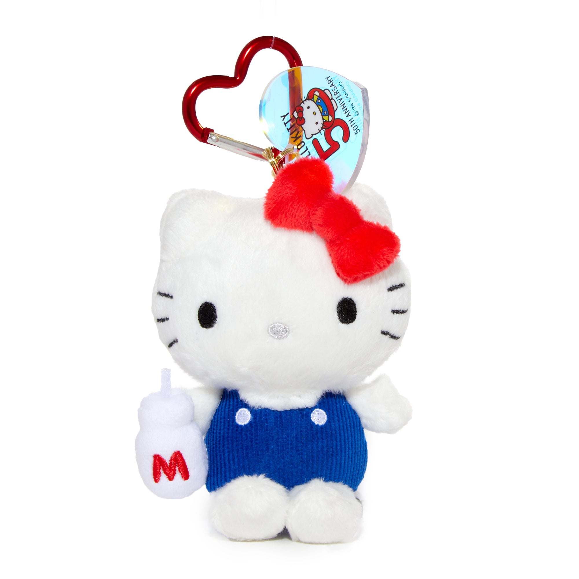 Hello Kitty plush mascot showcasing her iconic 70s milk era outfit.