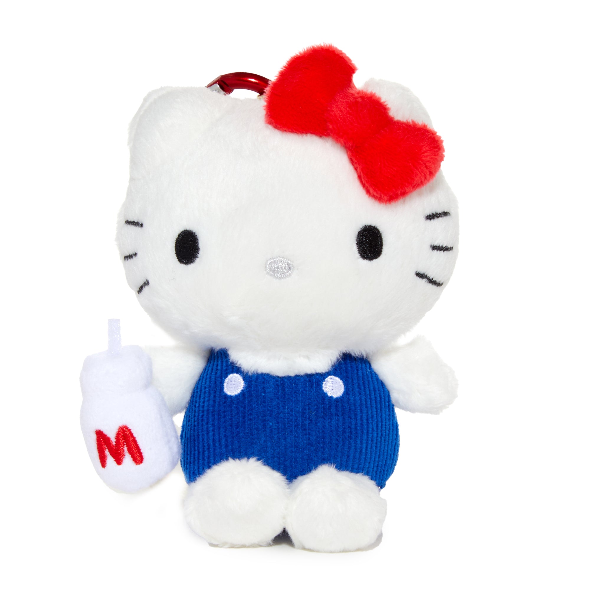 Hello Kitty 50th Anniversary 1974 plush mascot attached to a backpack with heart-shaped carabiner
