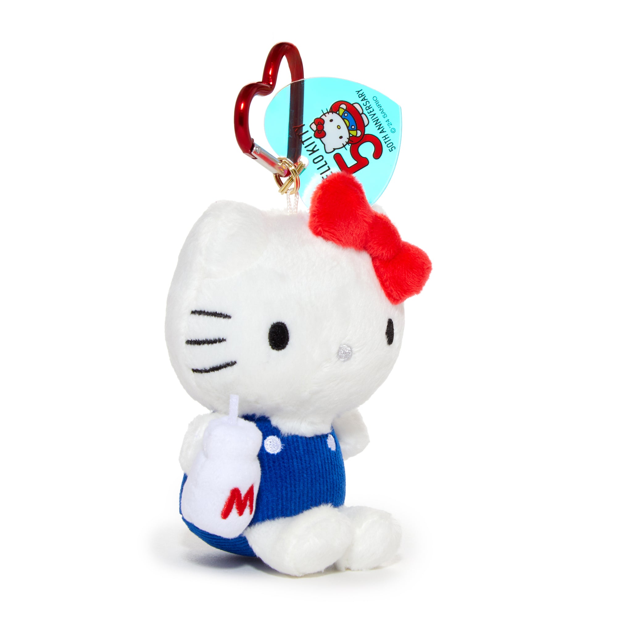 Hello Kitty 50th Anniversary 1974 plush mascot back view showing 50th Anniversary acrylic charm